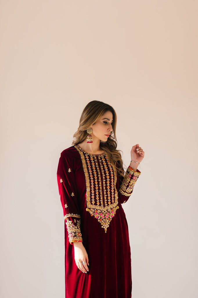 Sammy K | Velvet Festive Edit | Maroon Maxi velvet Outfit - by - Libasekhas UK - Registered Vendor of : Sammy K - 100% Original Designer Dresss