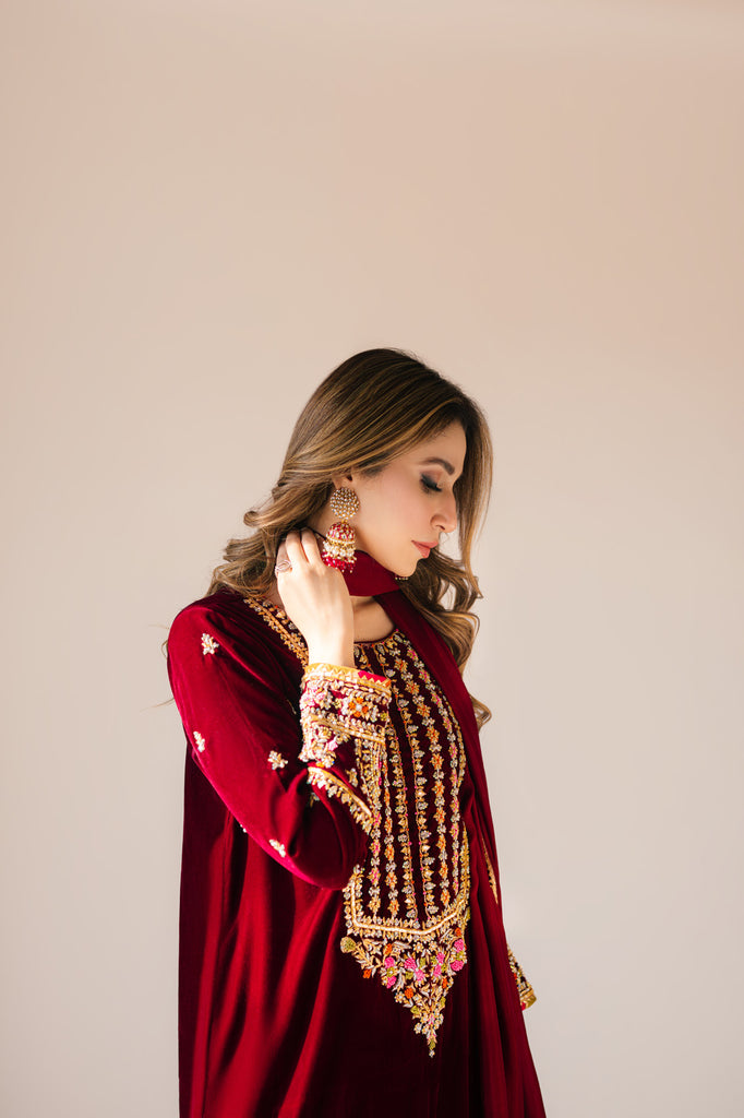 Sammy K | Velvet Festive Edit | Maroon Maxi velvet Outfit - by - Libasekhas UK - Registered Vendor of : Sammy K - 100% Original Designer Dresss
