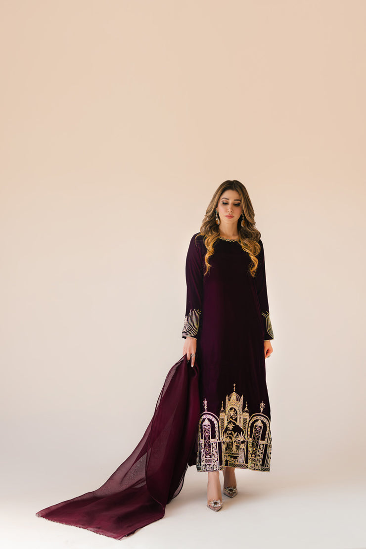 Sammy K | Velvet Festive Edit | Burgundy velvet monument outfit - by - Libasekhas UK - Registered Vendor of : Sammy K - 100% Original Designer Dresss