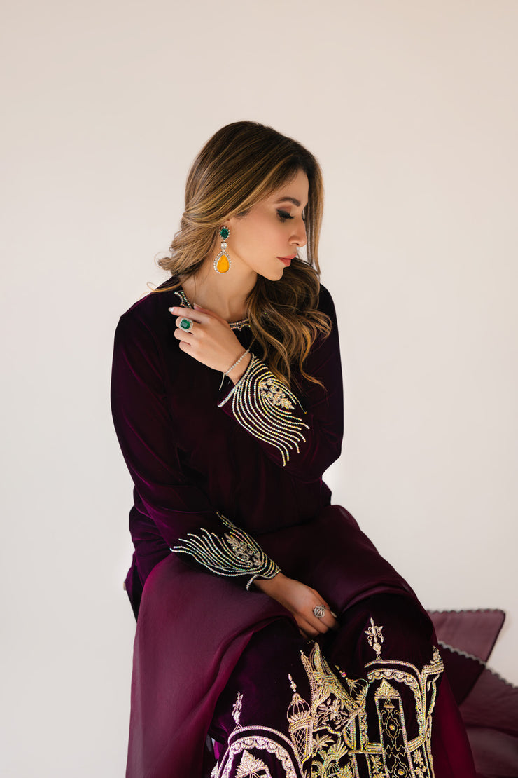 Sammy K | Velvet Festive Edit | Burgundy velvet monument outfit - by - Libasekhas UK - Registered Vendor of : Sammy K - 100% Original Designer Dresss