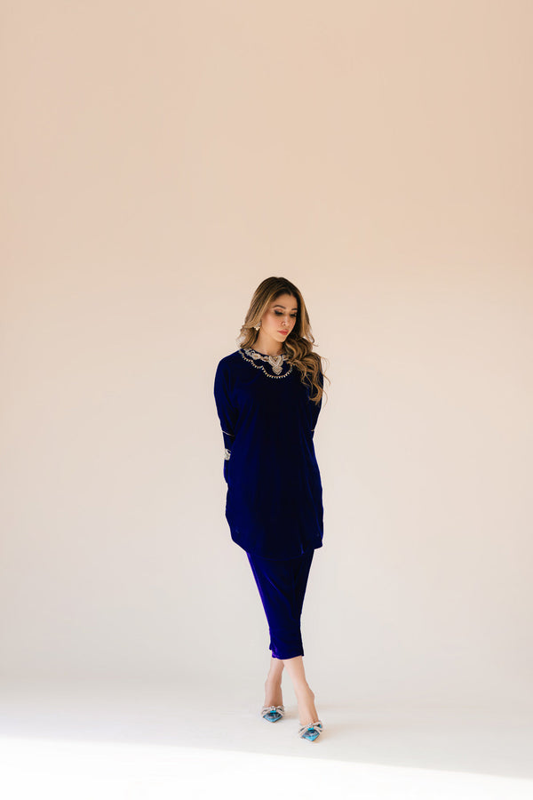 Sammy K | Velvet Festive Edit | Royal blue velvet Poncho Outfit - by - Libasekhas UK - Registered Vendor of : Sammy K - 100% Original Designer Dresss