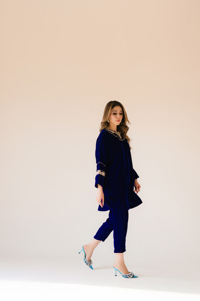 Sammy K | Velvet Festive Edit | Royal blue velvet Poncho Outfit - by - Libasekhas UK - Registered Vendor of : Sammy K - 100% Original Designer Dresss