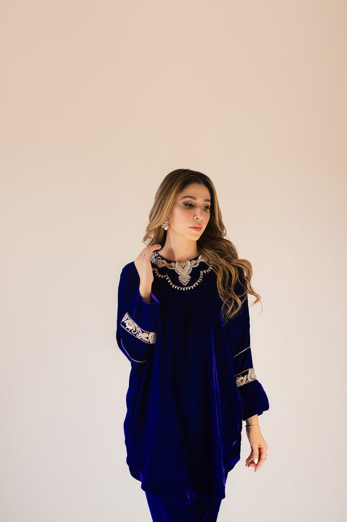 Sammy K | Velvet Festive Edit | Royal blue velvet Poncho Outfit - by - Libasekhas UK - Registered Vendor of : Sammy K - 100% Original Designer Dresss