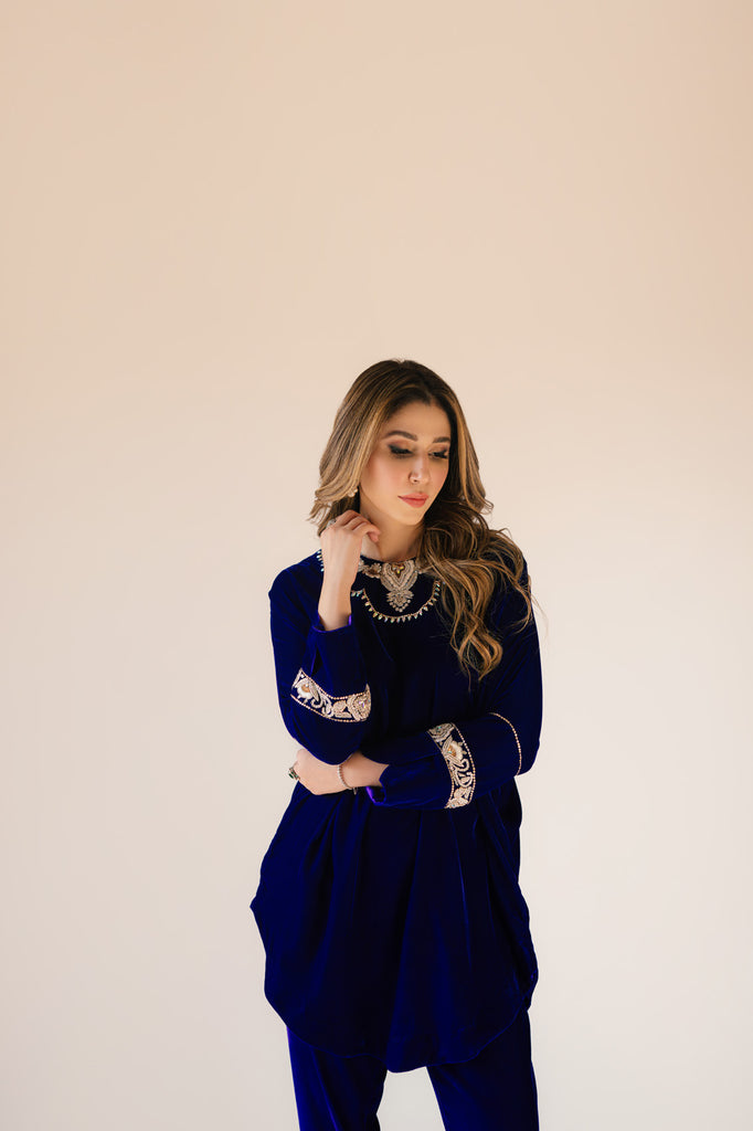 Sammy K | Velvet Festive Edit | Royal blue velvet Poncho Outfit - by - Libasekhas UK - Registered Vendor of : Sammy K - 100% Original Designer Dresss
