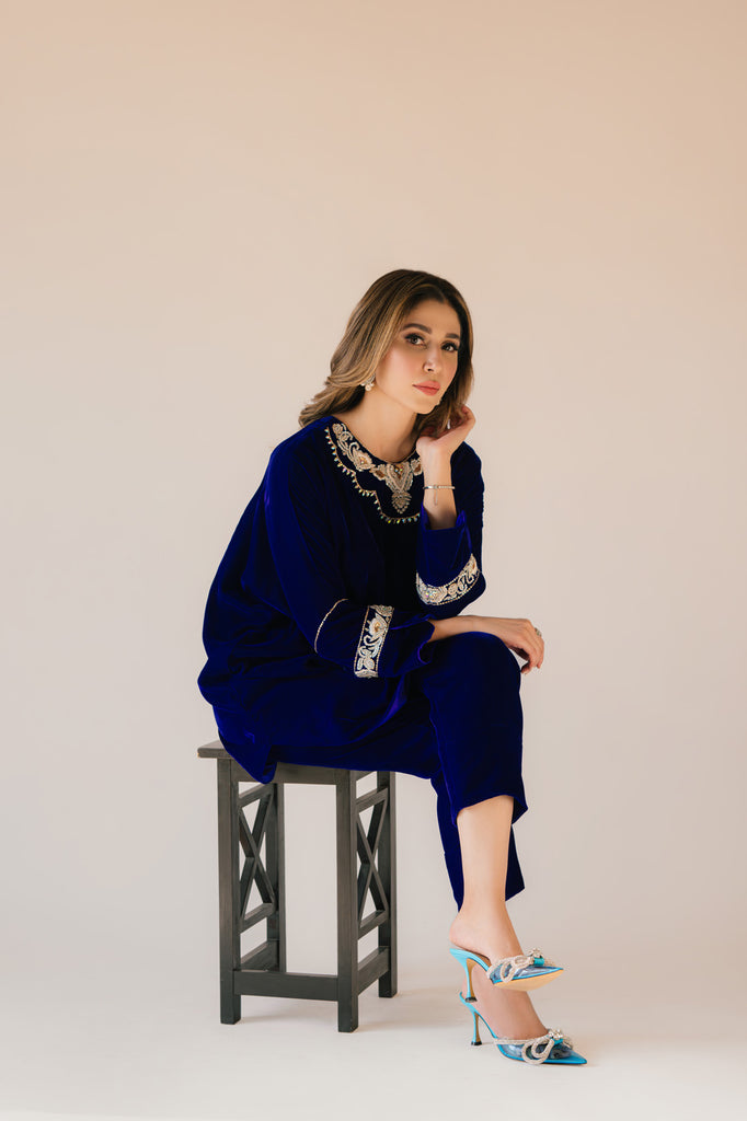 Sammy K | Velvet Festive Edit | Royal blue velvet Poncho Outfit - by - Libasekhas UK - Registered Vendor of : Sammy K - 100% Original Designer Dresss