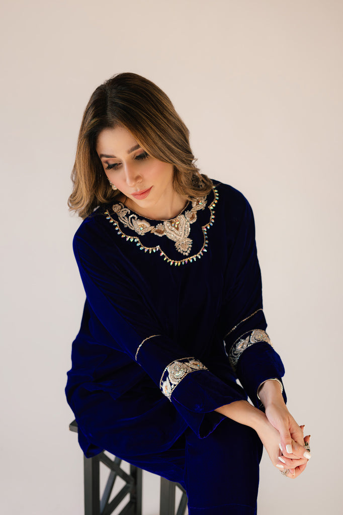 Sammy K | Velvet Festive Edit | Royal blue velvet Poncho Outfit - by - Libasekhas UK - Registered Vendor of : Sammy K - 100% Original Designer Dresss