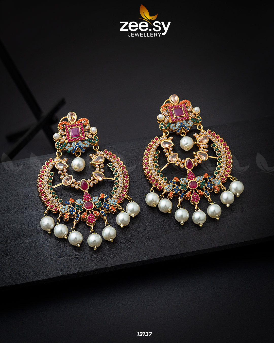 Naurattan Chandbali Earrings - by - Libasekhas UK - Registered Vendor of : Zeesy - 100% Original Designer Dresss