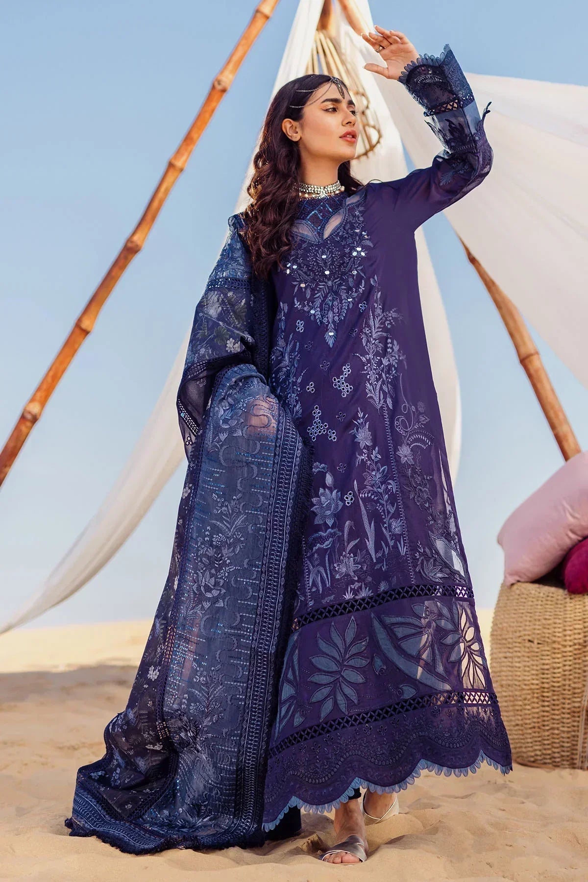 Nureh | Sehra Swiss Voil Lawn | NILE BLUE - NE-77 - by - Libasekhas UK - Registered Vendor of : Nureh - 100% Original Designer Dresss