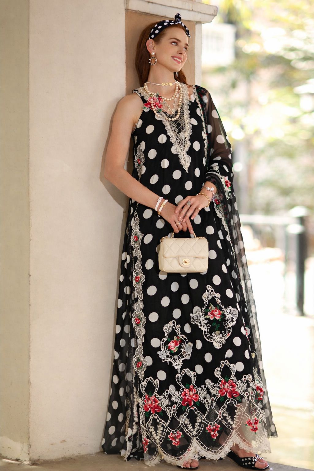 Noor by Saadia Asad | Eid Luxe Printkhaas 26 | D4 - C - Monochrome Polka - by Libasekhas UK - Registered Vendor of : Noor by Saadia Asad - 100% Original Designer Dress