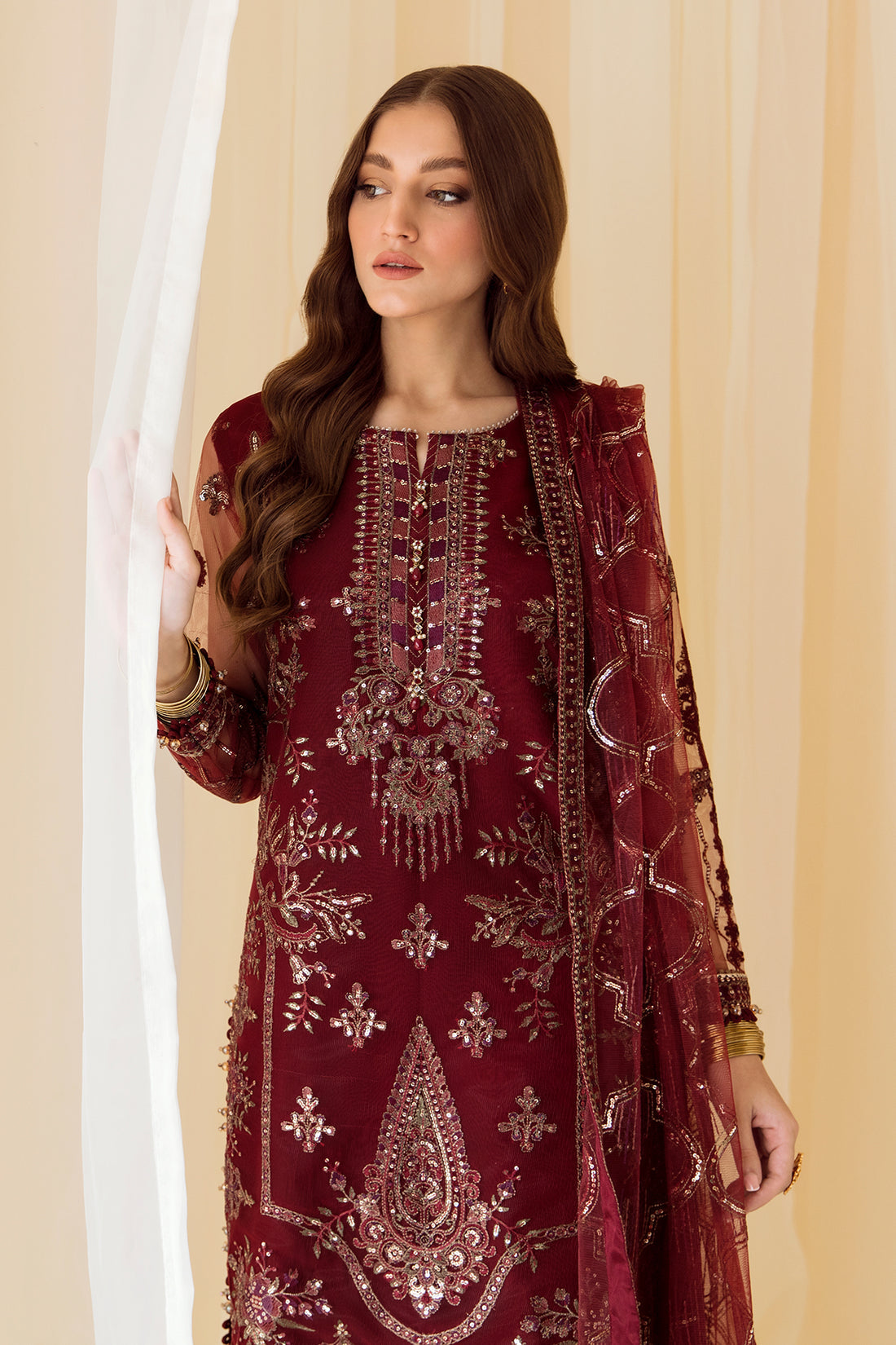 Alizeh | Formals Collection | Embroidered Net Maroon - V14D08 - Raya - by - Libasekhas UK - Registered Vendor of : Alizeh - 100% Original Designer Dresss