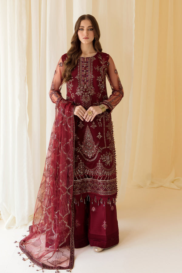 Alizeh | Formals Collection | Embroidered Net Maroon - V14D08 - Raya - by - Libasekhas UK - Registered Vendor of : Alizeh - 100% Original Designer Dresss