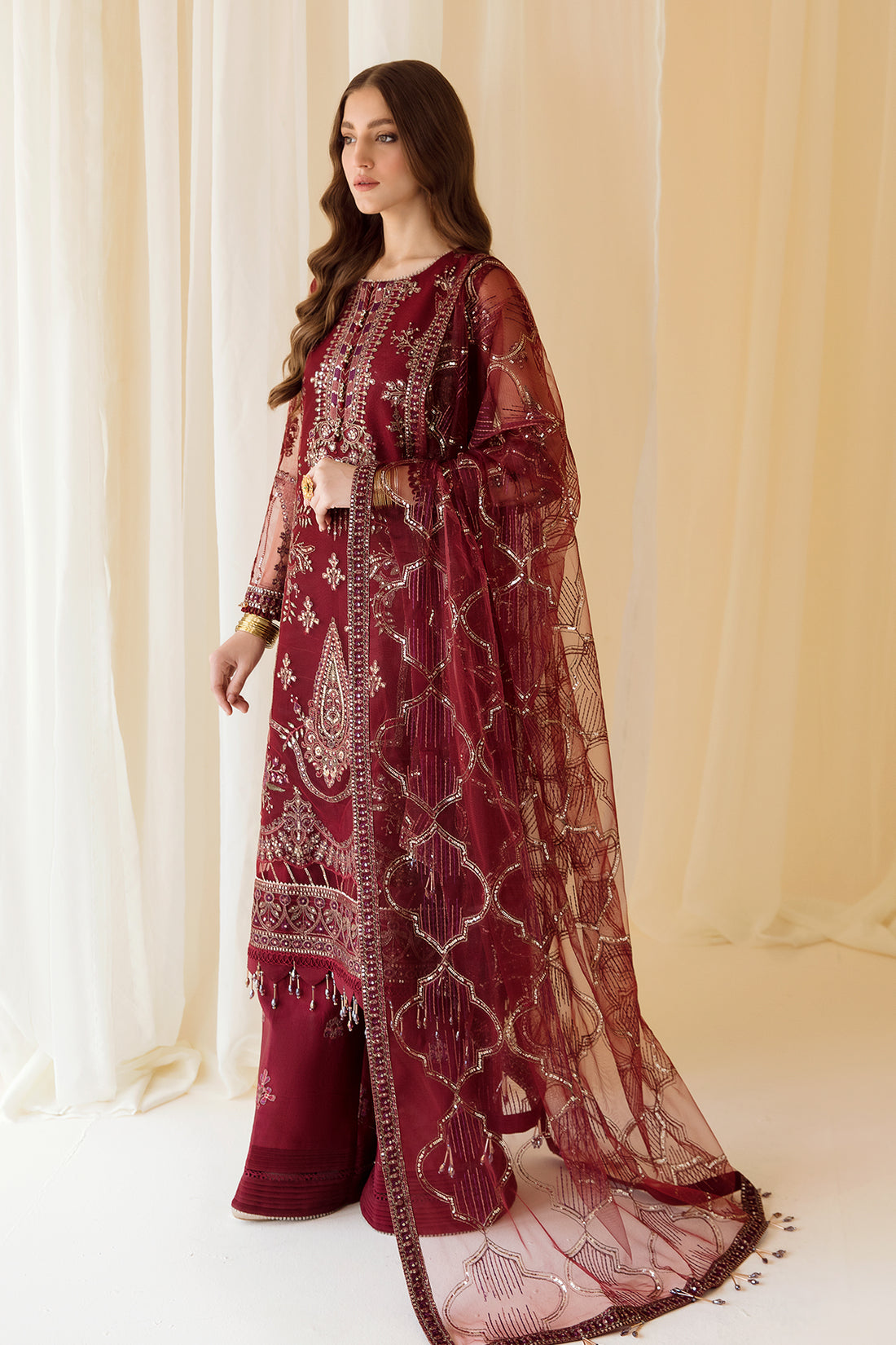 Alizeh | Formals Collection | Embroidered Net Maroon - V14D08 - Raya - by - Libasekhas UK - Registered Vendor of : Alizeh - 100% Original Designer Dresss