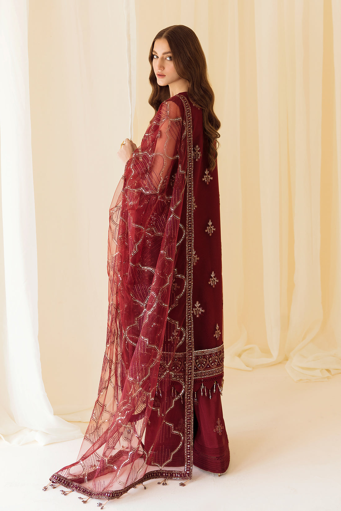 Alizeh | Formals Collection | Embroidered Net Maroon - V14D08 - Raya - by - Libasekhas UK - Registered Vendor of : Alizeh - 100% Original Designer Dresss