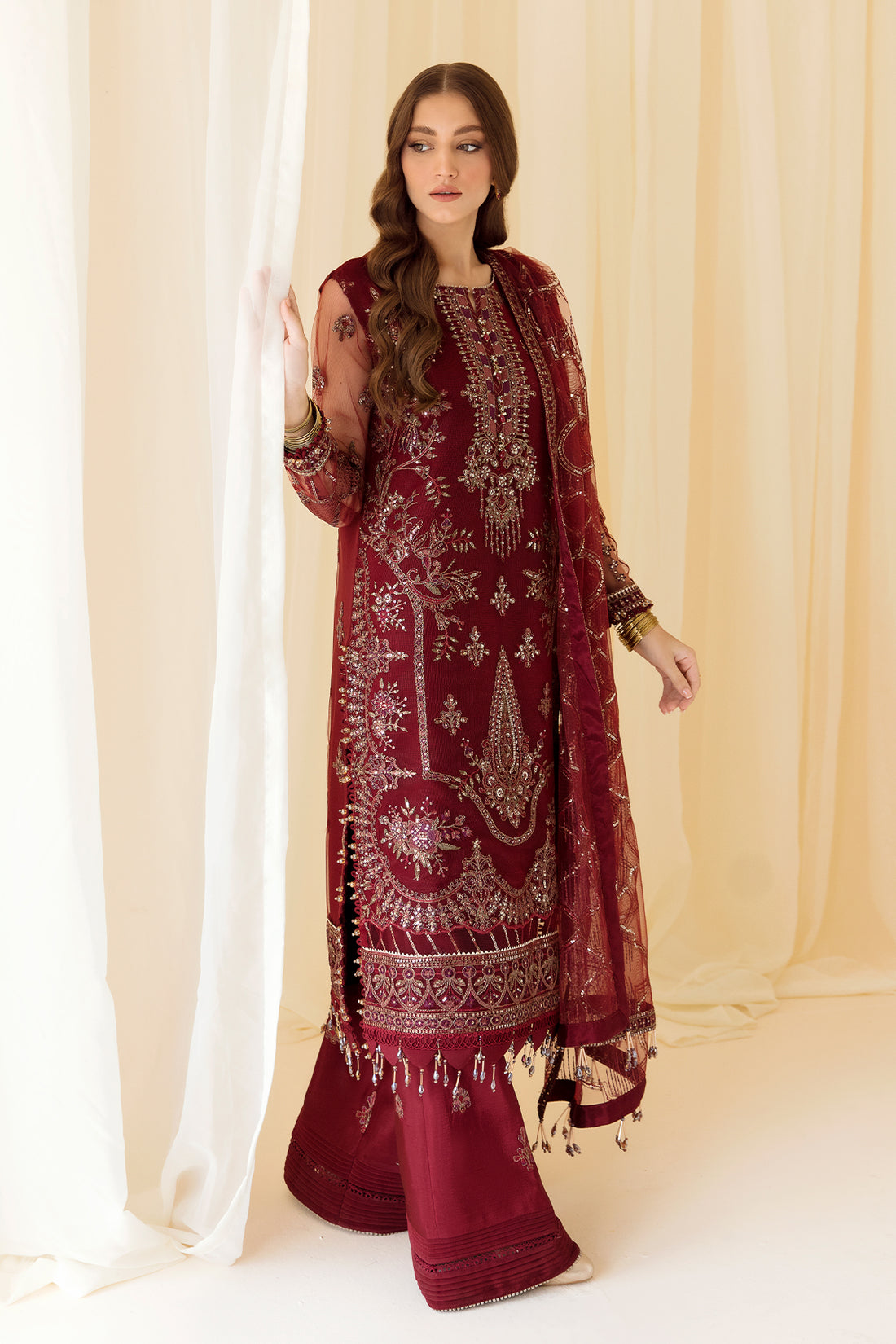 Alizeh | Formals Collection | Embroidered Net Maroon - V14D08 - Raya - by - Libasekhas UK - Registered Vendor of : Alizeh - 100% Original Designer Dresss