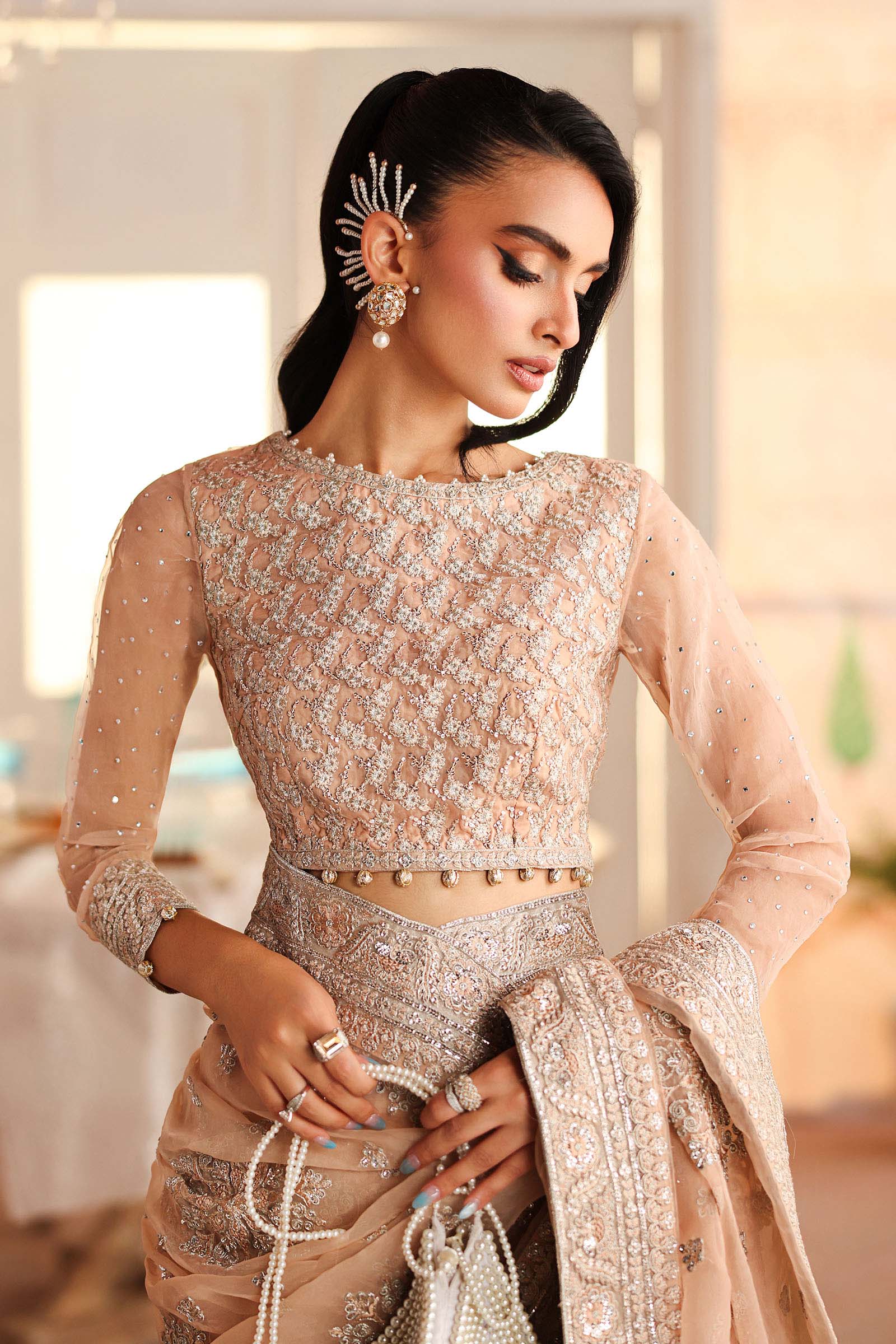 Maria B | Pre Fall Dresses | Embroidered Organza Saree Peach - by Libasekhas UK - Registered Vendor of : Maria B - 100% Original Designer Dress