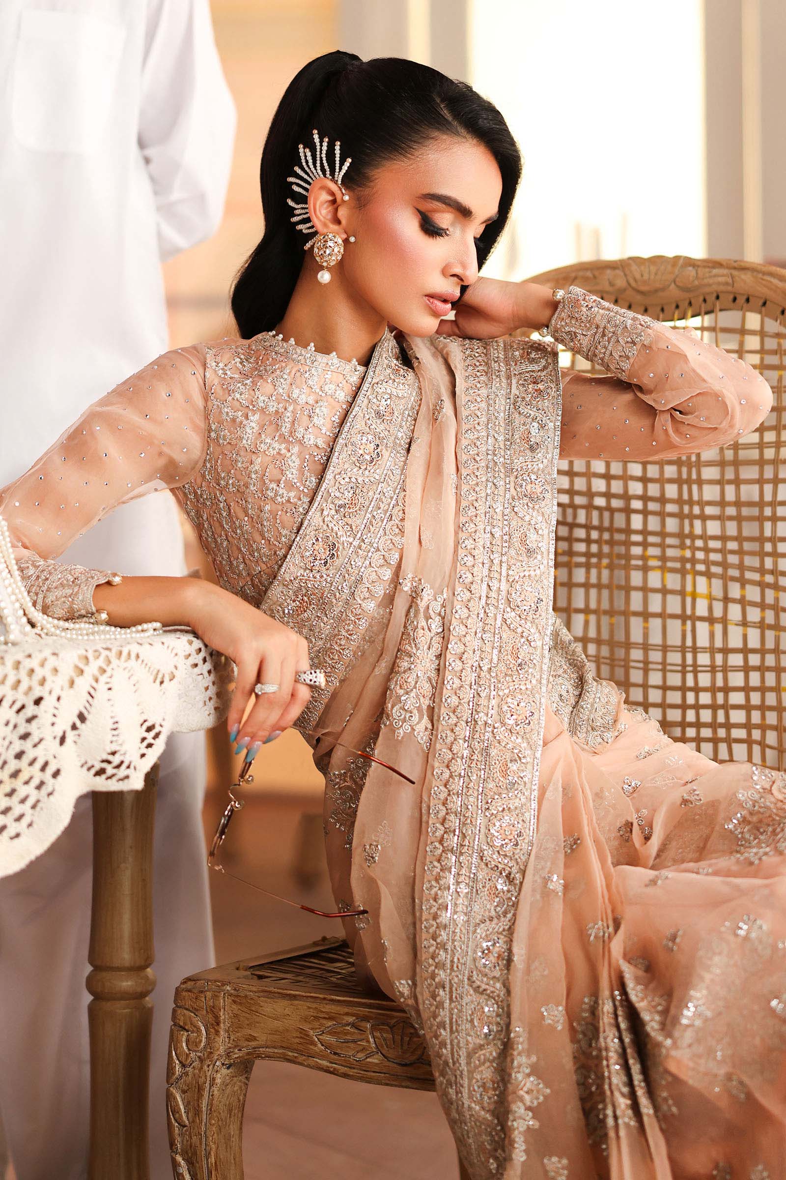 Maria B | Pre Fall Dresses | Embroidered Organza Saree Peach - by Libasekhas UK - Registered Vendor of : Maria B - 100% Original Designer Dress