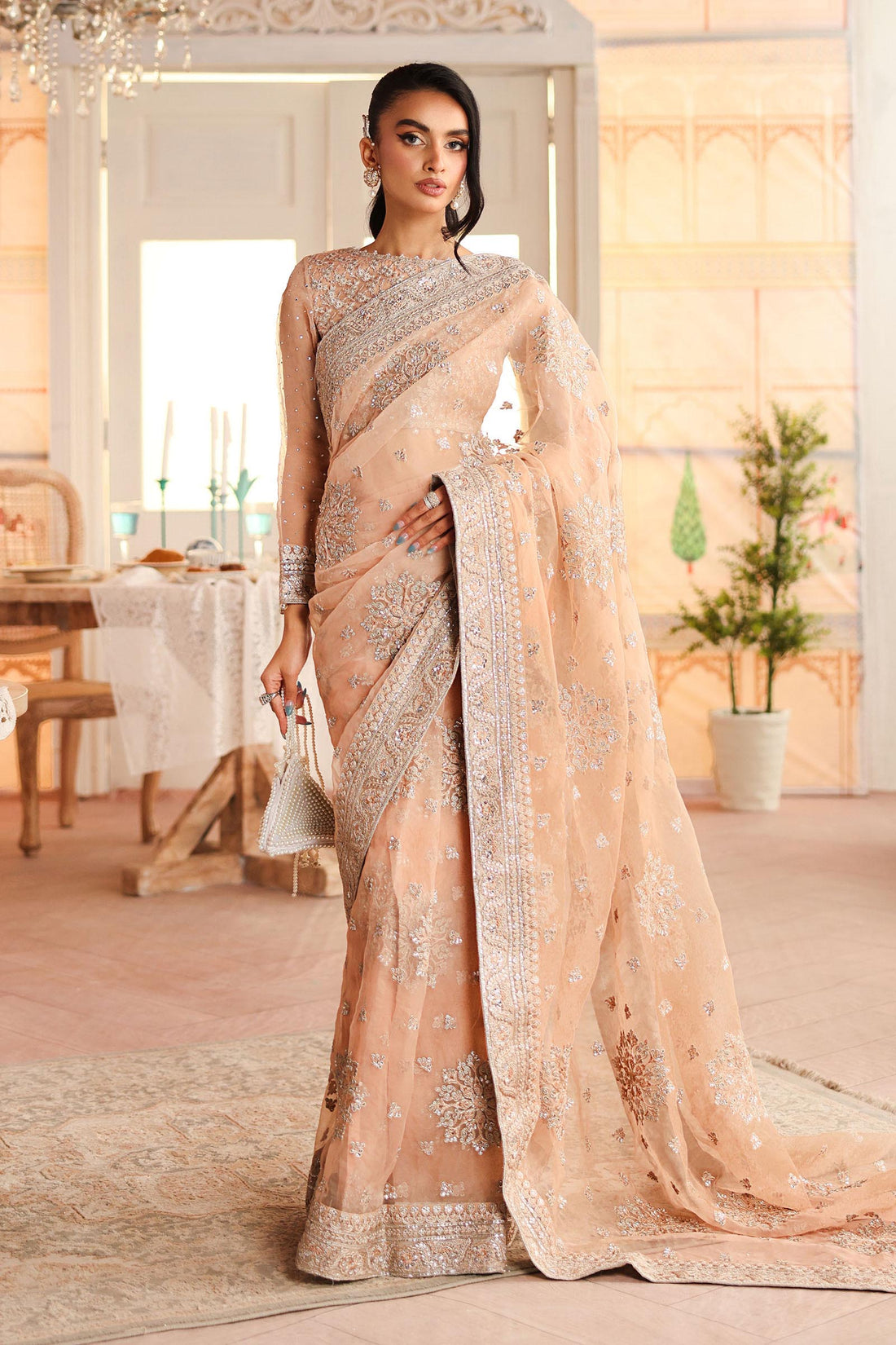 Maria B | Pre Fall Dresses | Embroidered Organza Saree Peach - by Libasekhas UK - Registered Vendor of : Maria B - 100% Original Designer Dress