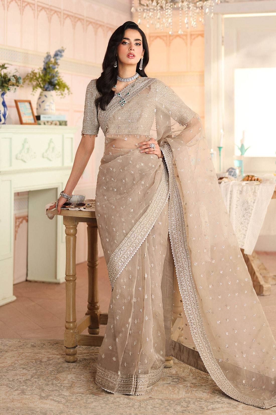 Maria B | Pre Fall Dresses | Embroidered Raw Silk Saree II - by Libasekhas UK - Registered Vendor of : Maria B - 100% Original Designer Dress