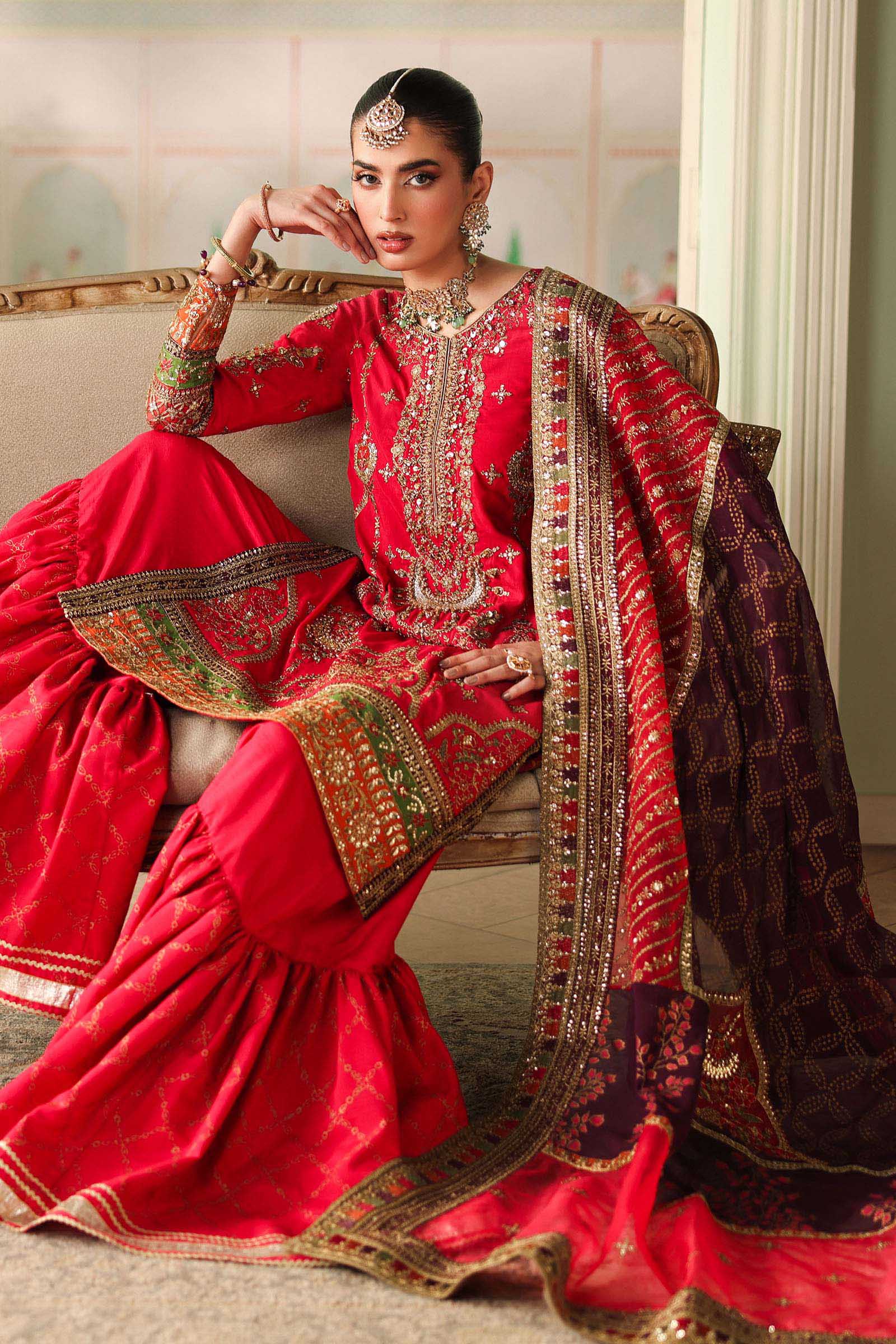 Maria B | Pre Fall Dresses | 3 Piece Embroidered Bamber Raw Silk Suit Carrot Pink - by Libasekhas UK - Registered Vendor of : Maria B - 100% Original Designer Dress