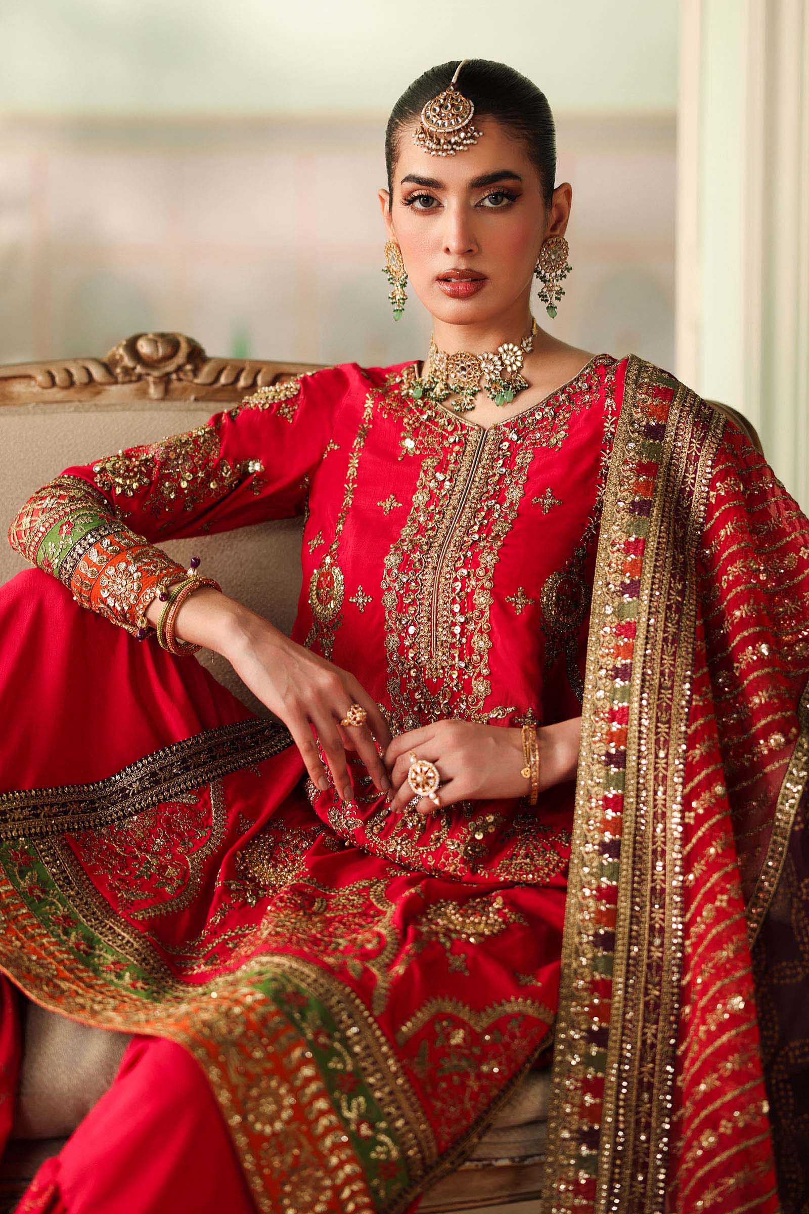 Maria B | Pre Fall Dresses | 3 Piece Embroidered Bamber Raw Silk Suit Carrot Pink - by Libasekhas UK - Registered Vendor of : Maria B - 100% Original Designer Dress