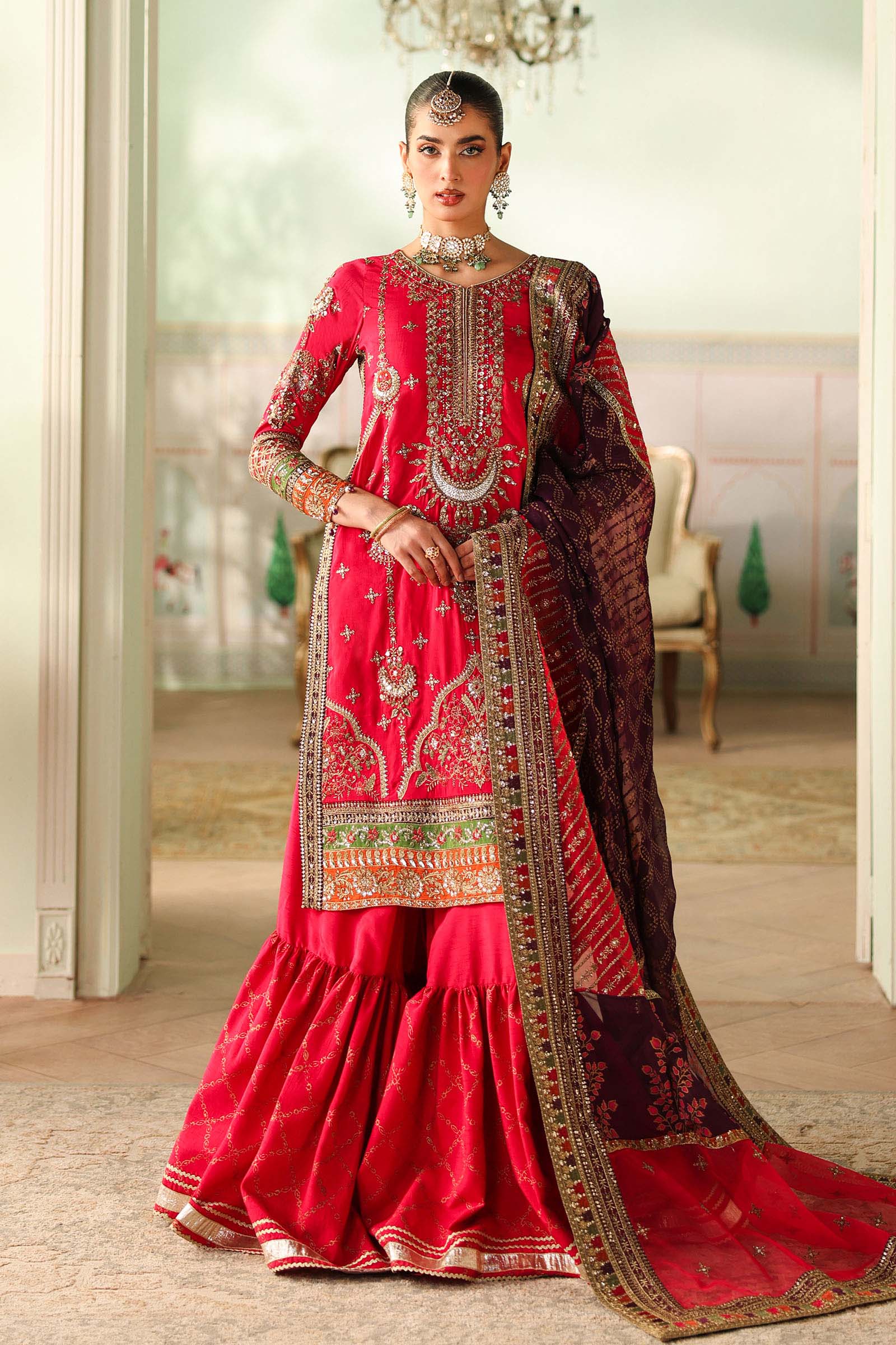 Maria B | Pre Fall Dresses | 3 Piece Embroidered Bamber Raw Silk Suit Carrot Pink - by Libasekhas UK - Registered Vendor of : Maria B - 100% Original Designer Dress