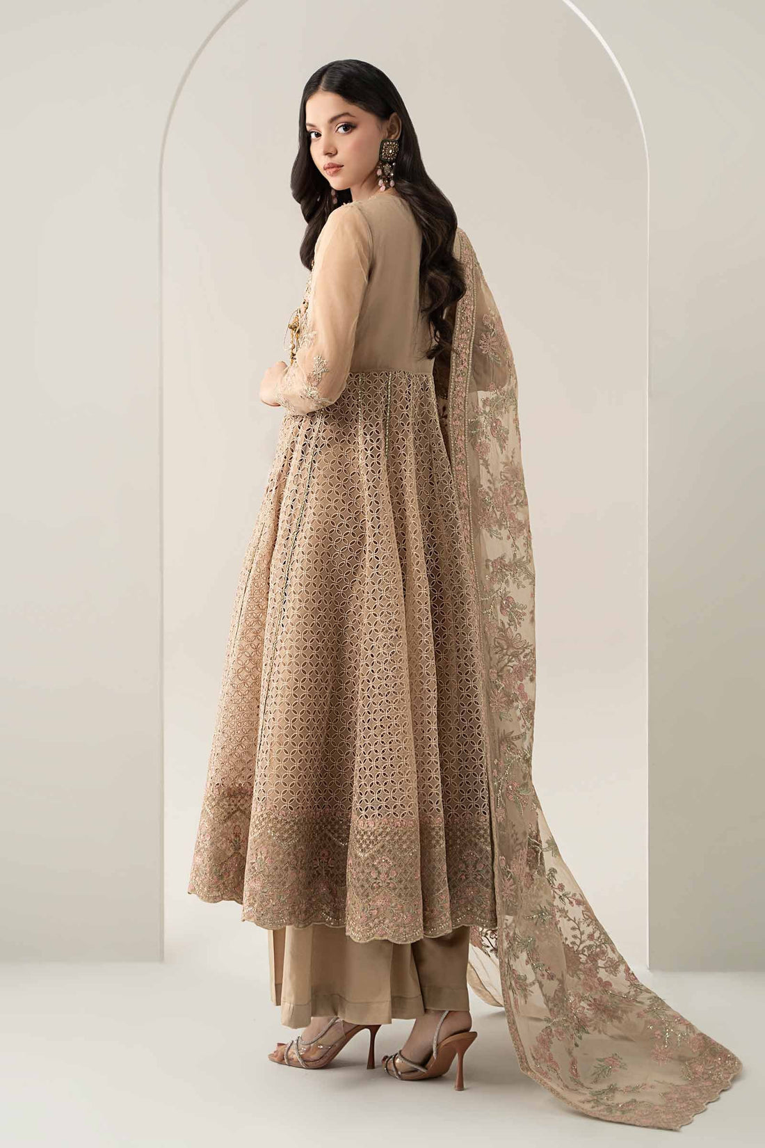 Maria B | Pre Fall Dresses | 3 Piece Embroidered Organza Suit Beige - by Libasekhas UK - Registered Vendor of : Maria B - 100% Original Designer Dress