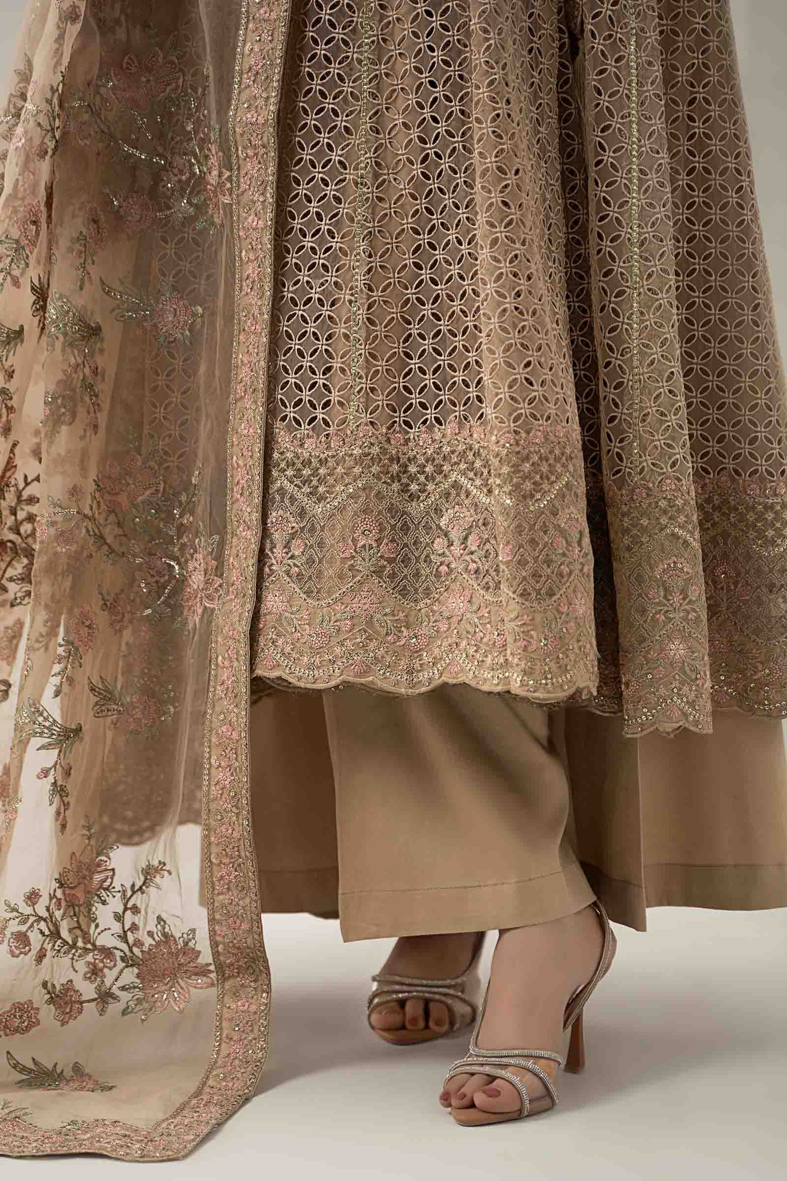 Maria B | Pre Fall Dresses | 3 Piece Embroidered Organza Suit Beige - by Libasekhas UK - Registered Vendor of : Maria B - 100% Original Designer Dress