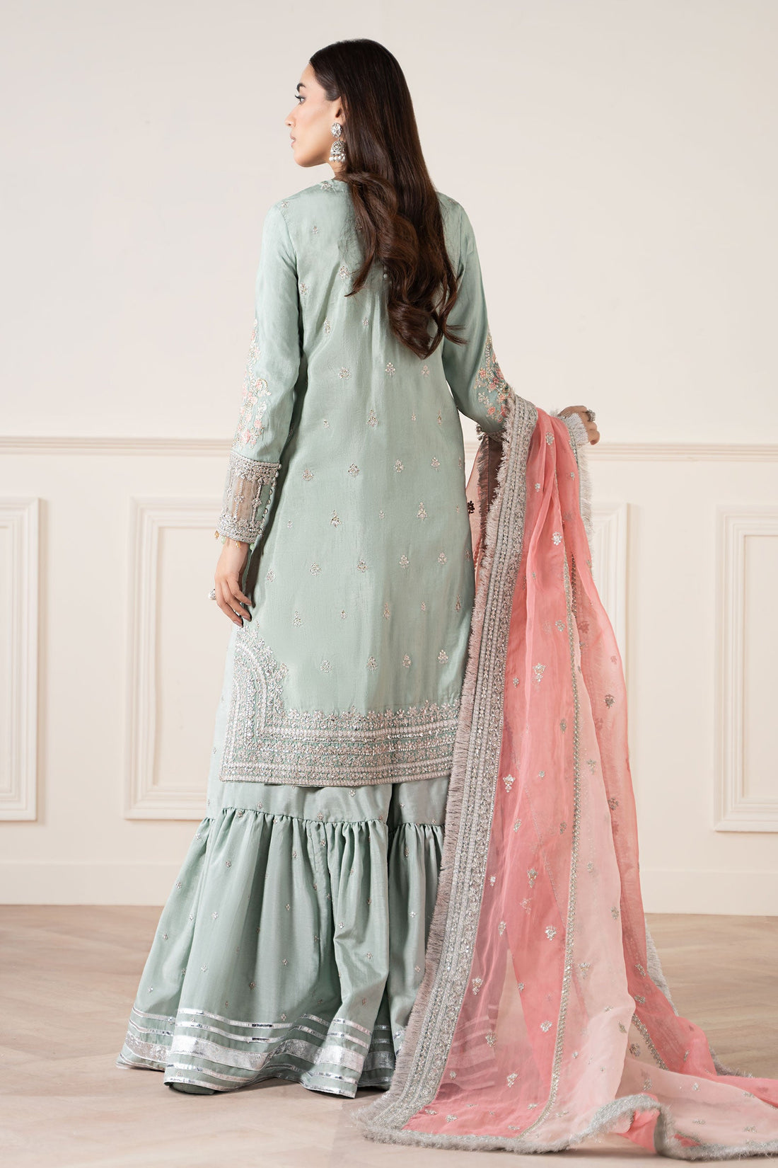 Maria B | Pre Fall Dresses | 3 Piece Embroidered Raw Silk Suit Sea Green - by Libasekhas UK - Registered Vendor of : Maria B - 100% Original Designer Dress