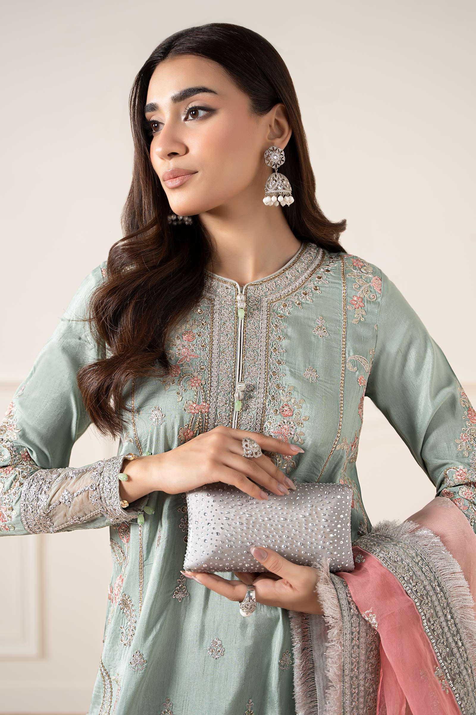 Maria B | Pre Fall Dresses | 3 Piece Embroidered Raw Silk Suit Sea Green - by Libasekhas UK - Registered Vendor of : Maria B - 100% Original Designer Dress