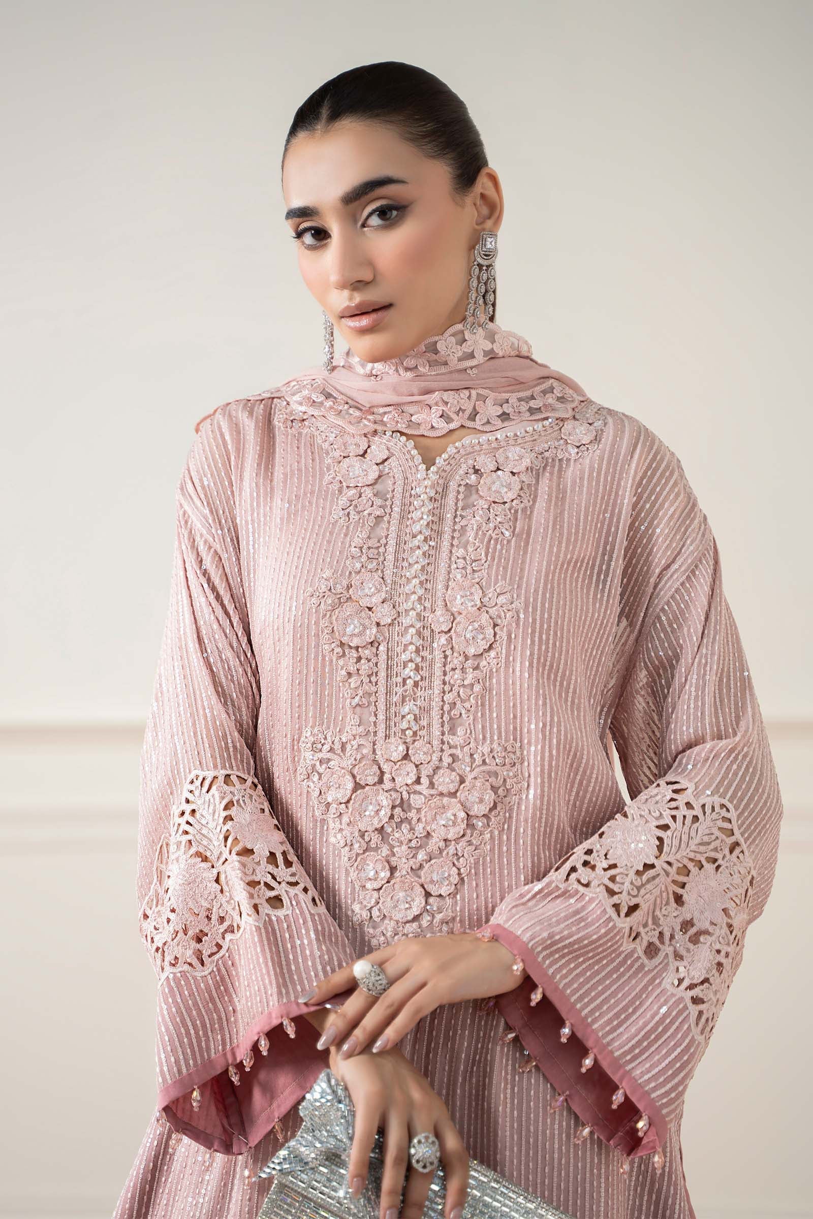 Maria B | Pre Fall Dresses | 3 Piece Embroidered Chiffon Suit Pink - by Libasekhas UK - Registered Vendor of : Maria B - 100% Original Designer Dress