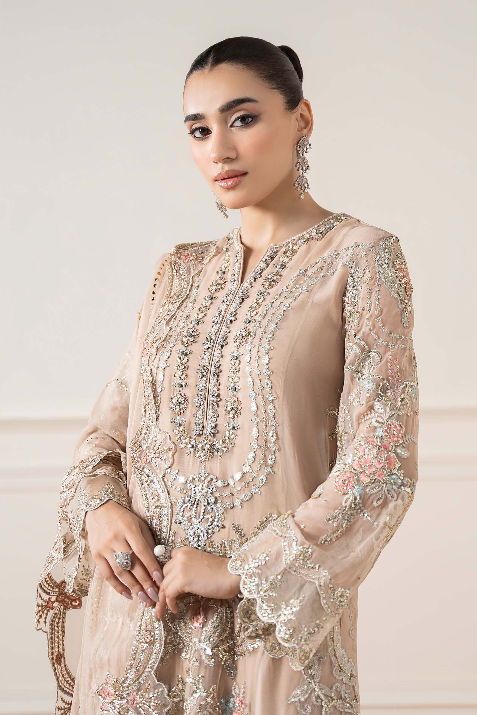 Maria B | Pre Fall Dresses | 3 Piece Embroidered Chiffon Suit Skin, M / Skin / Bemberg Chiffon