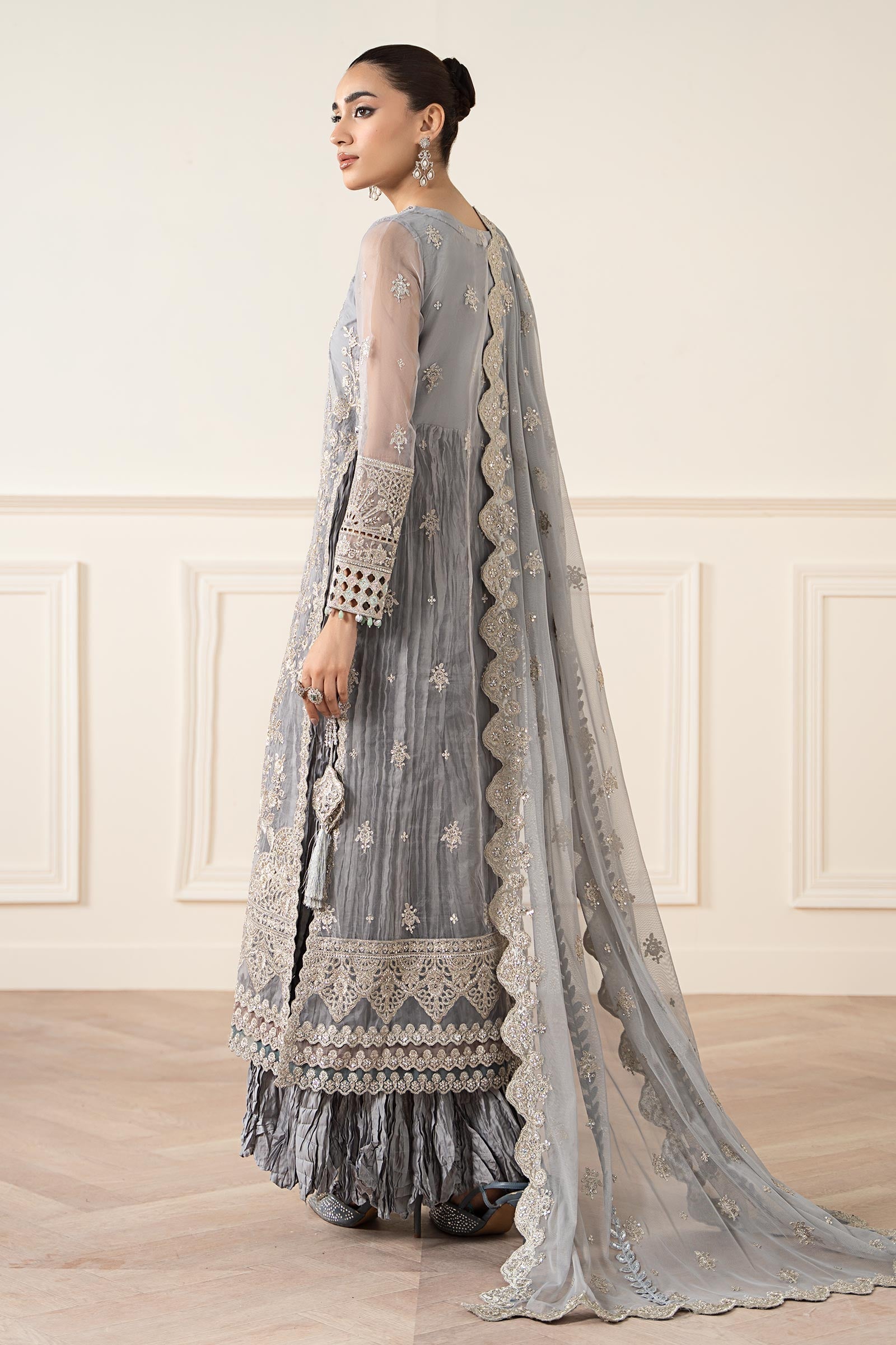 Maria B | Pre Fall Dresses | 3 Piece Embroidered Organza Suit Gray - by Libasekhas UK - Registered Vendor of : Maria B - 100% Original Designer Dress