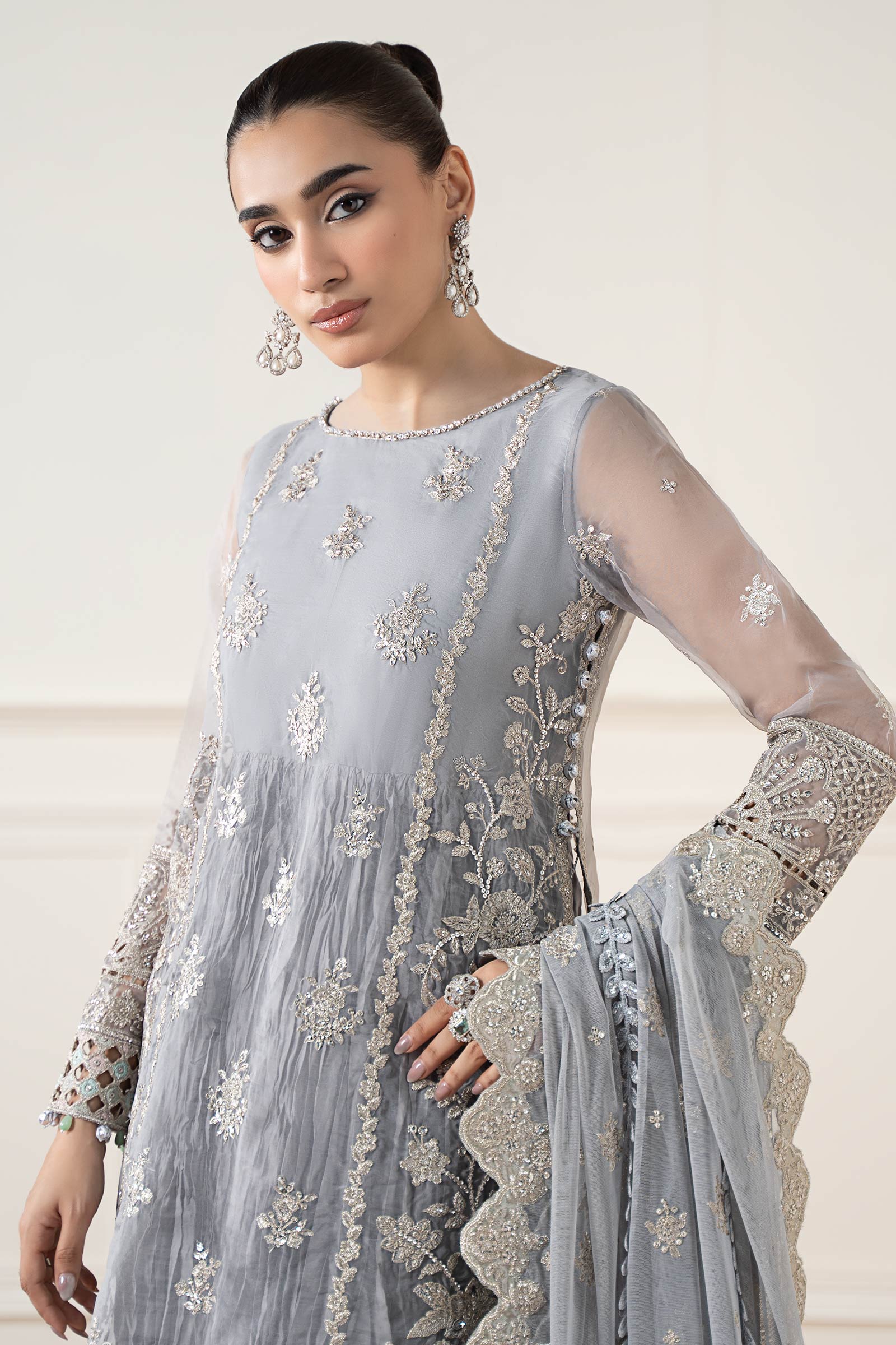 Maria B | Pre Fall Dresses | 3 Piece Embroidered Organza Suit Gray - by Libasekhas UK - Registered Vendor of : Maria B - 100% Original Designer Dress