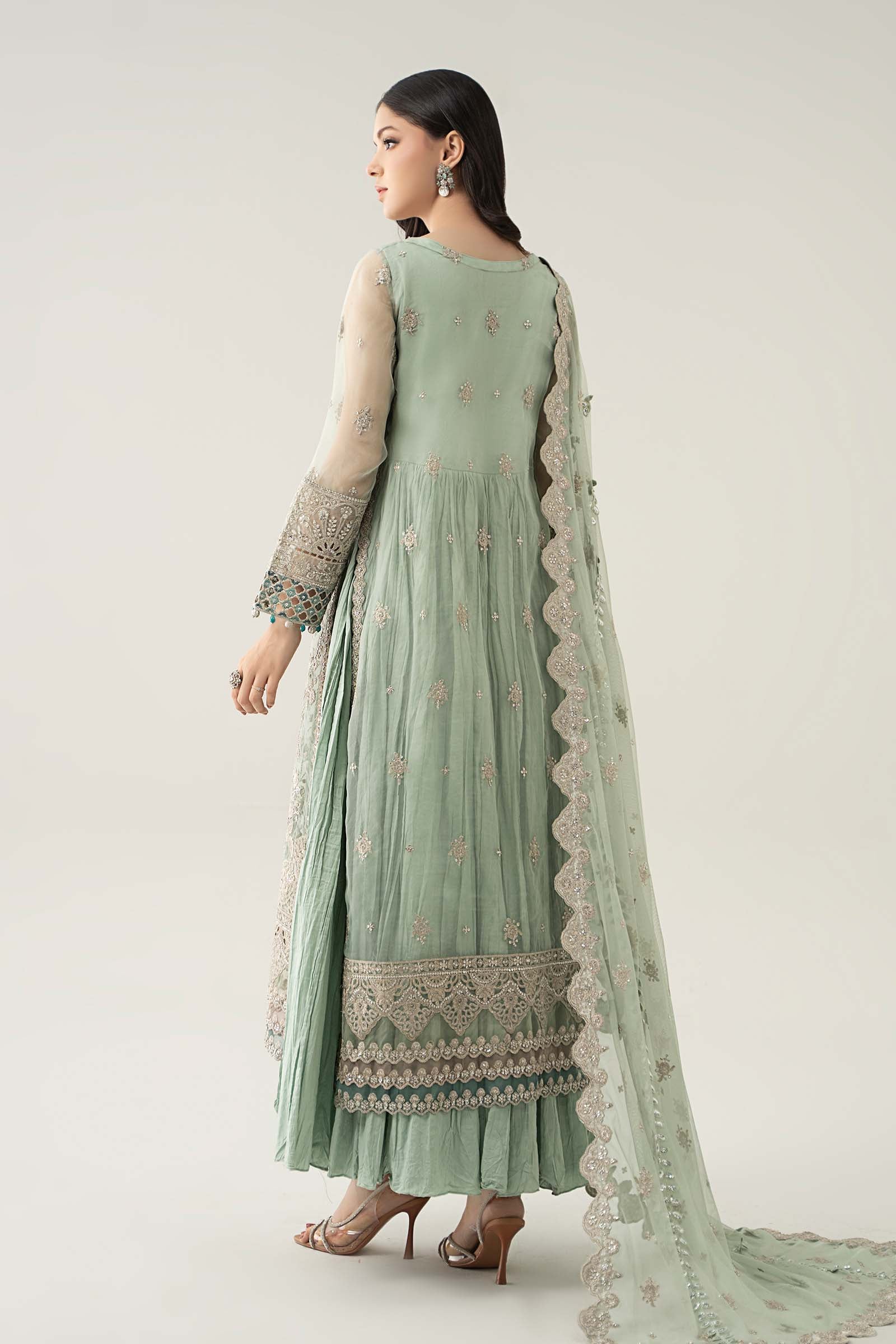 Maria B | Pre Fall Dresses | 3 Piece Embroidered Organza Suit Sea Green - by Libasekhas UK - Registered Vendor of : Maria B - 100% Original Designer Dress