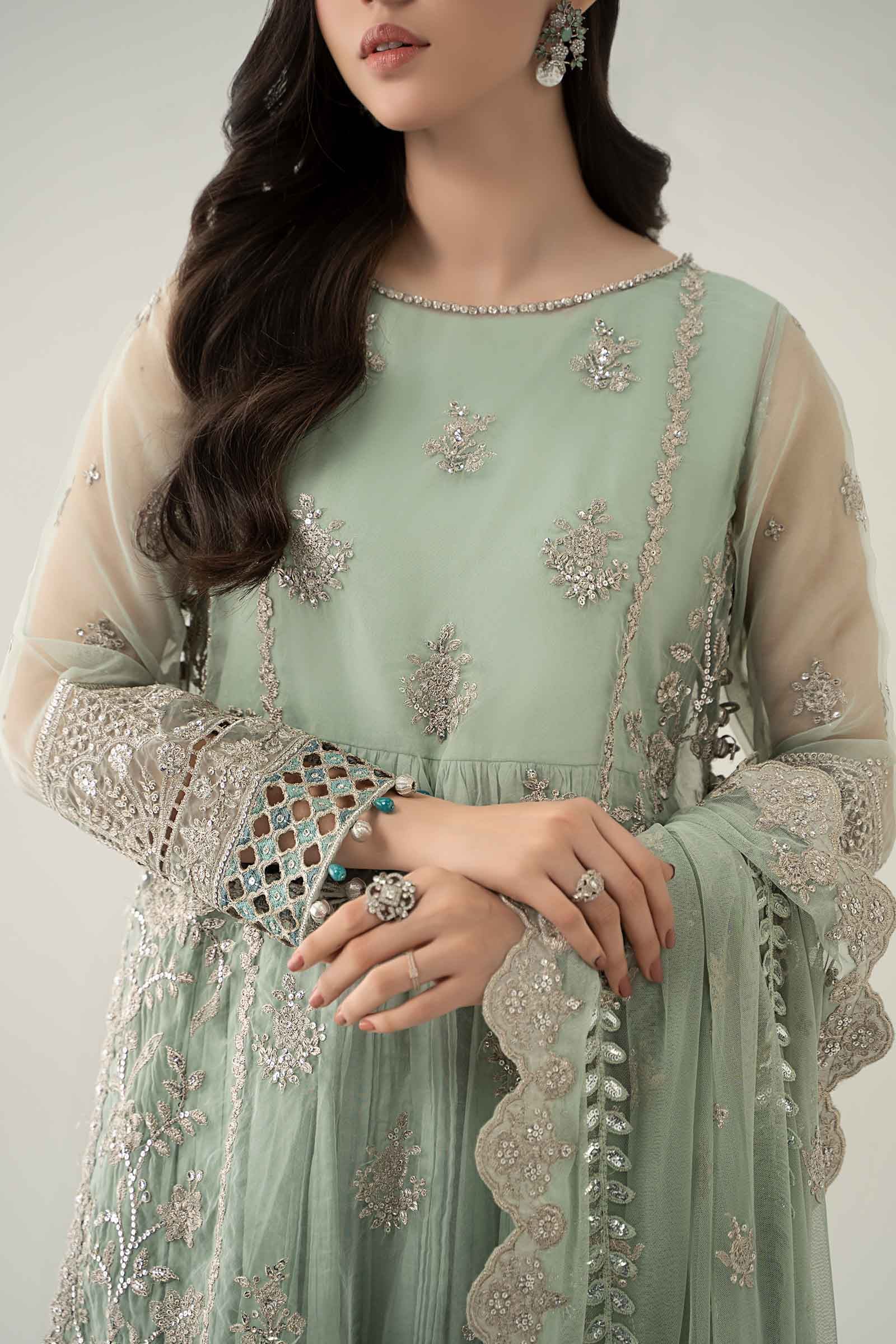 Maria B | Pre Fall Dresses | 3 Piece Embroidered Organza Suit Sea Green - by Libasekhas UK - Registered Vendor of : Maria B - 100% Original Designer Dress