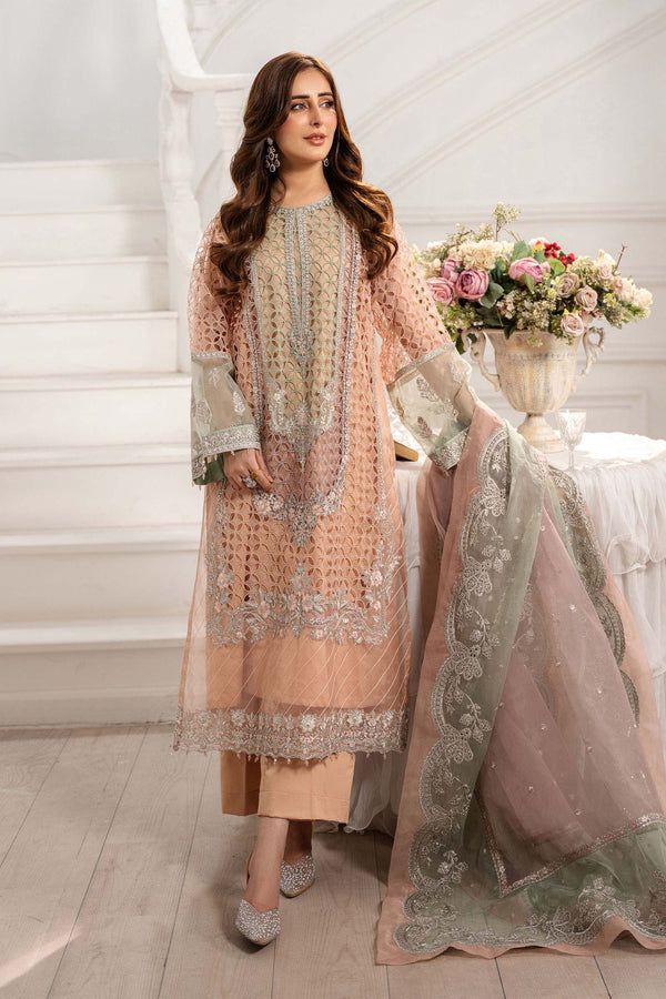 Maria B | Pre Fall Dresses | 3 Piece Embroidered Organza Suit Peach - by Libasekhas UK - Registered Vendor of : Maria B - 100% Original Designer Dress