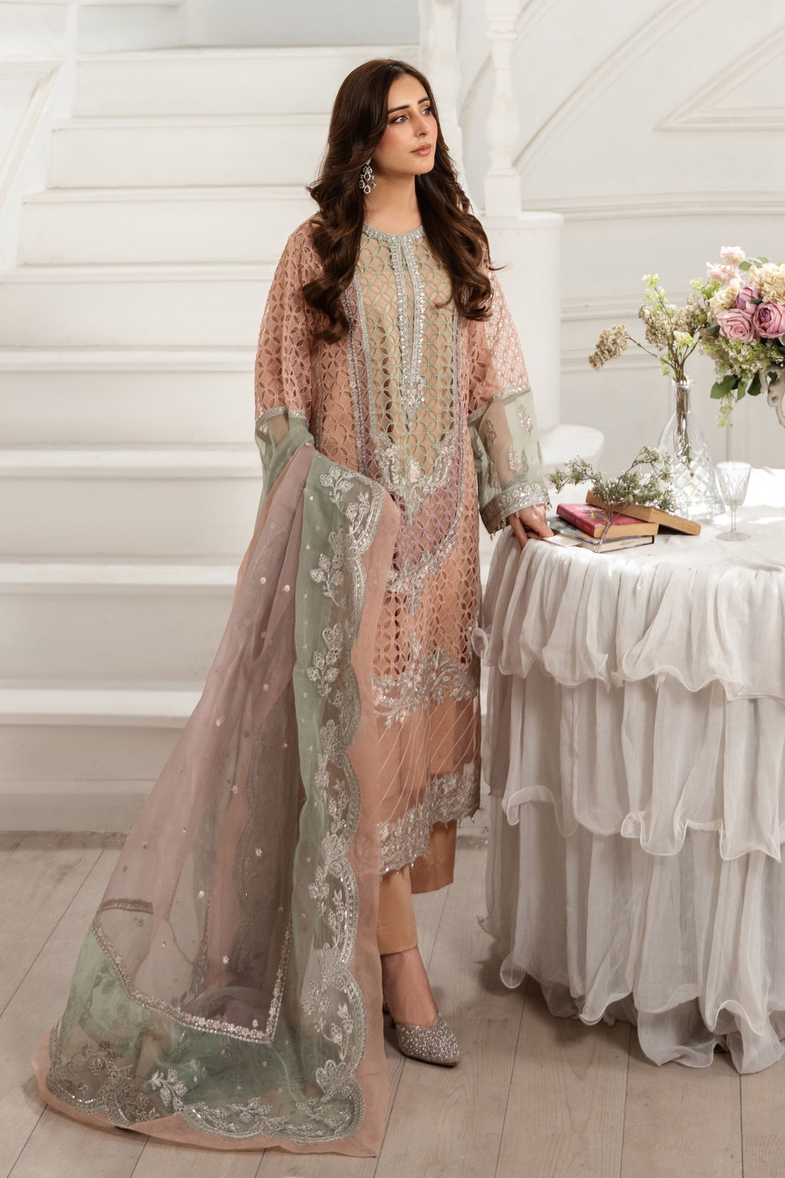 Maria B | Pre Fall Dresses | 3 Piece Embroidered Organza Suit Peach - by Libasekhas UK - Registered Vendor of : Maria B - 100% Original Designer Dress