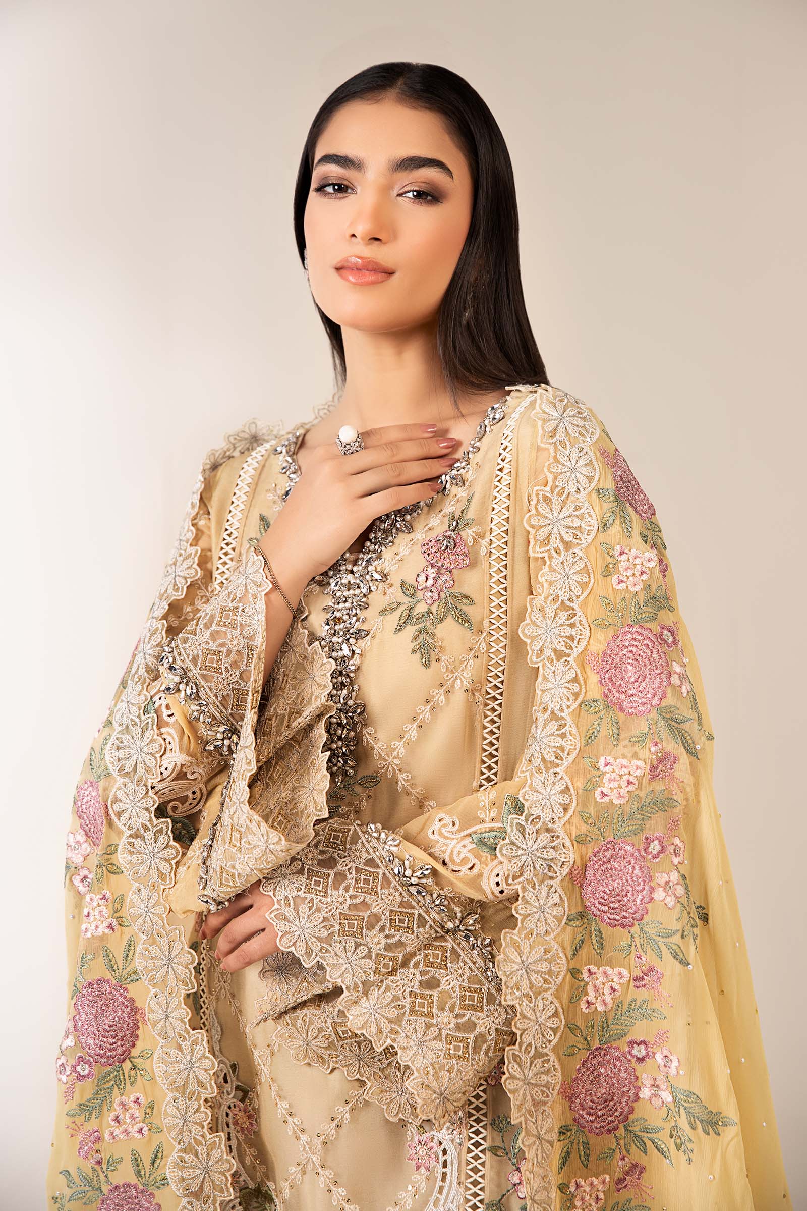 Maria B | Pre Fall Dresses | 3 Piece Embroidered Chiffon Suit Yellow - by Libasekhas UK - Registered Vendor of : Maria B - 100% Original Designer Dress