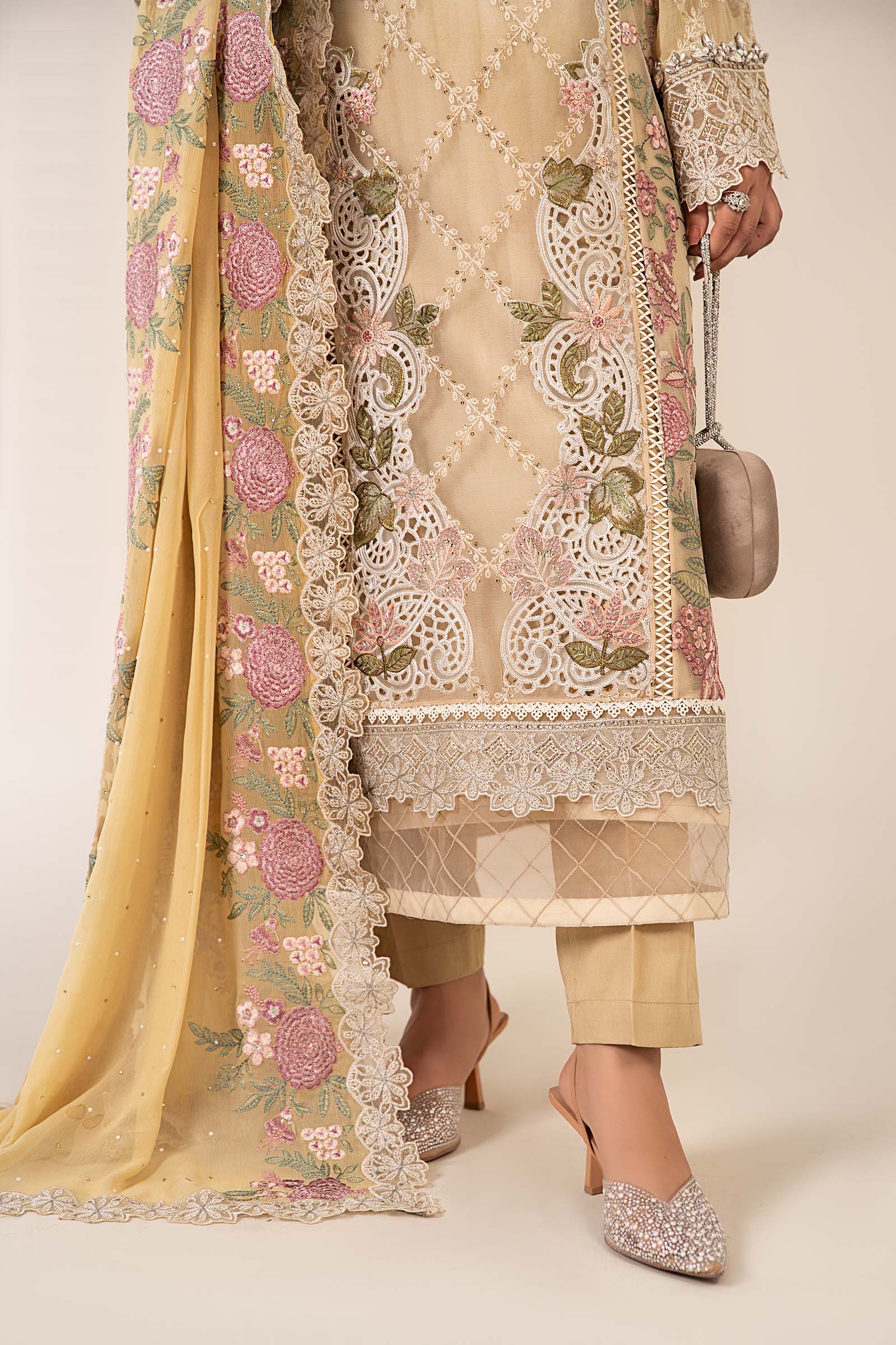 Maria B | Pre Fall Dresses | 3 Piece Embroidered Chiffon Suit Yellow - by Libasekhas UK - Registered Vendor of : Maria B - 100% Original Designer Dress