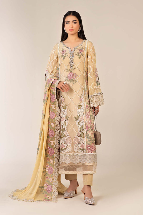 Maria B | Pre Fall Dresses | 3 Piece Embroidered Chiffon Suit Yellow - by Libasekhas UK - Registered Vendor of : Maria B - 100% Original Designer Dress