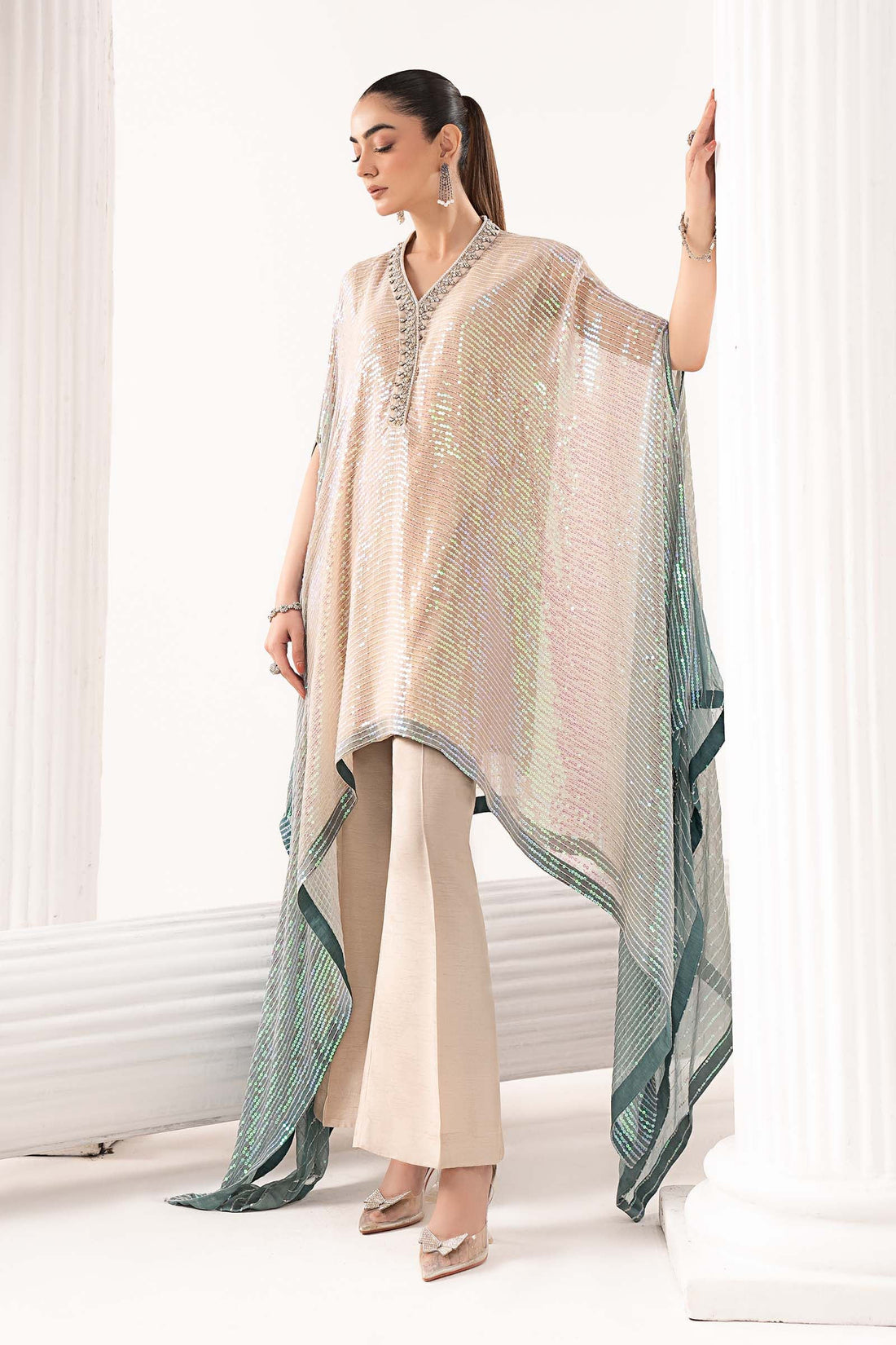 Maria B | Luxury Formals | SF-EF26-11-Beige and Green - by Libasekhas UK - Registered Vendor of : Maria B - 100% Original Designer Dress