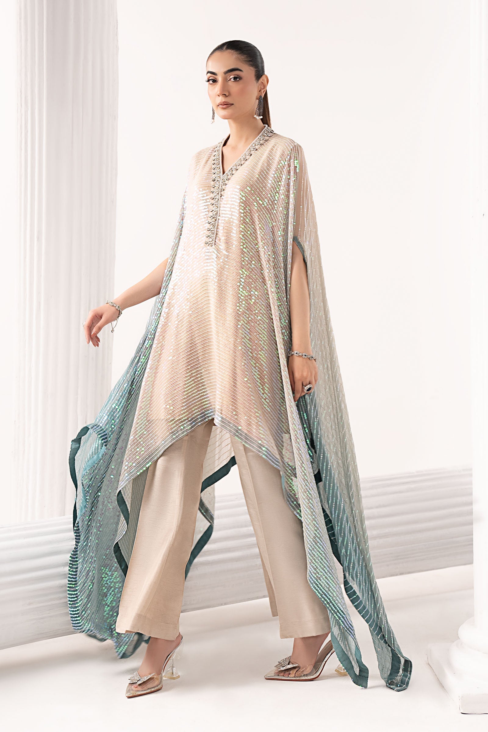 Maria B | Luxury Formals | SF-EF26-11-Beige and Green - by Libasekhas UK - Registered Vendor of : Maria B - 100% Original Designer Dress