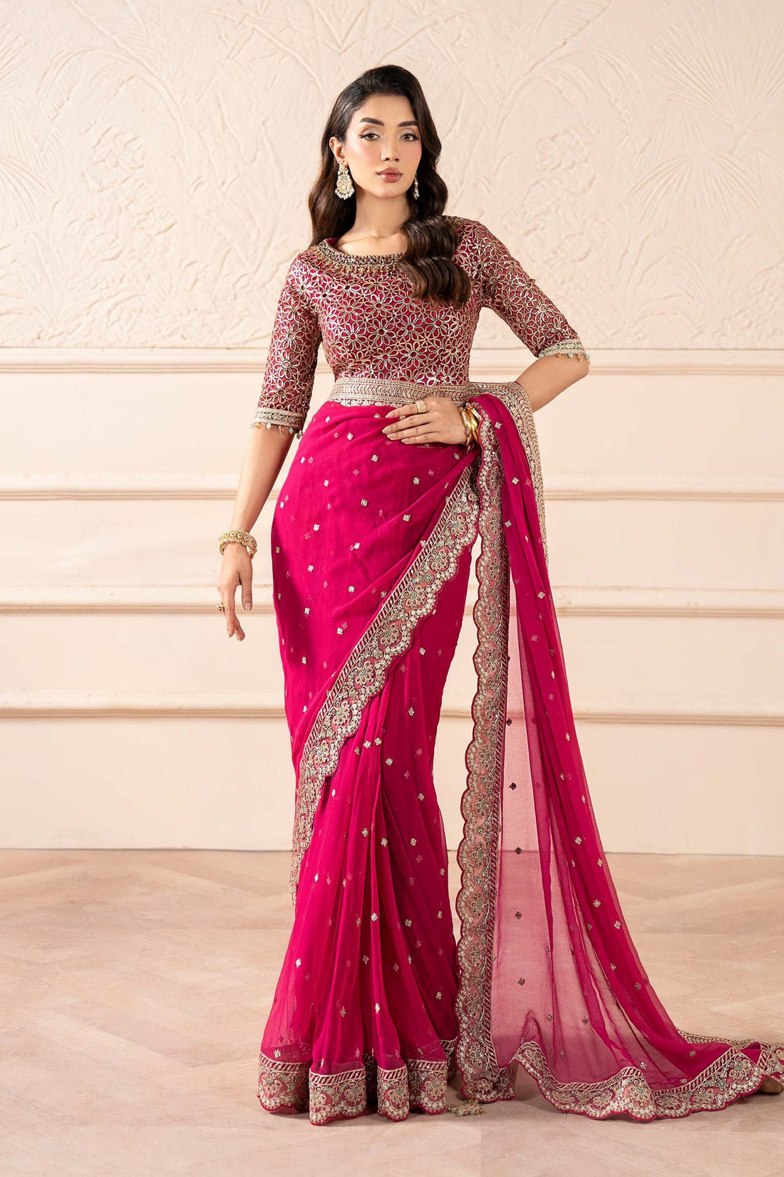 Maria B | Pre Fall Dresses | Embroidered Chiffon Saree ZW - by Libasekhas UK - Registered Vendor of : Maria B - 100% Original Designer Dress