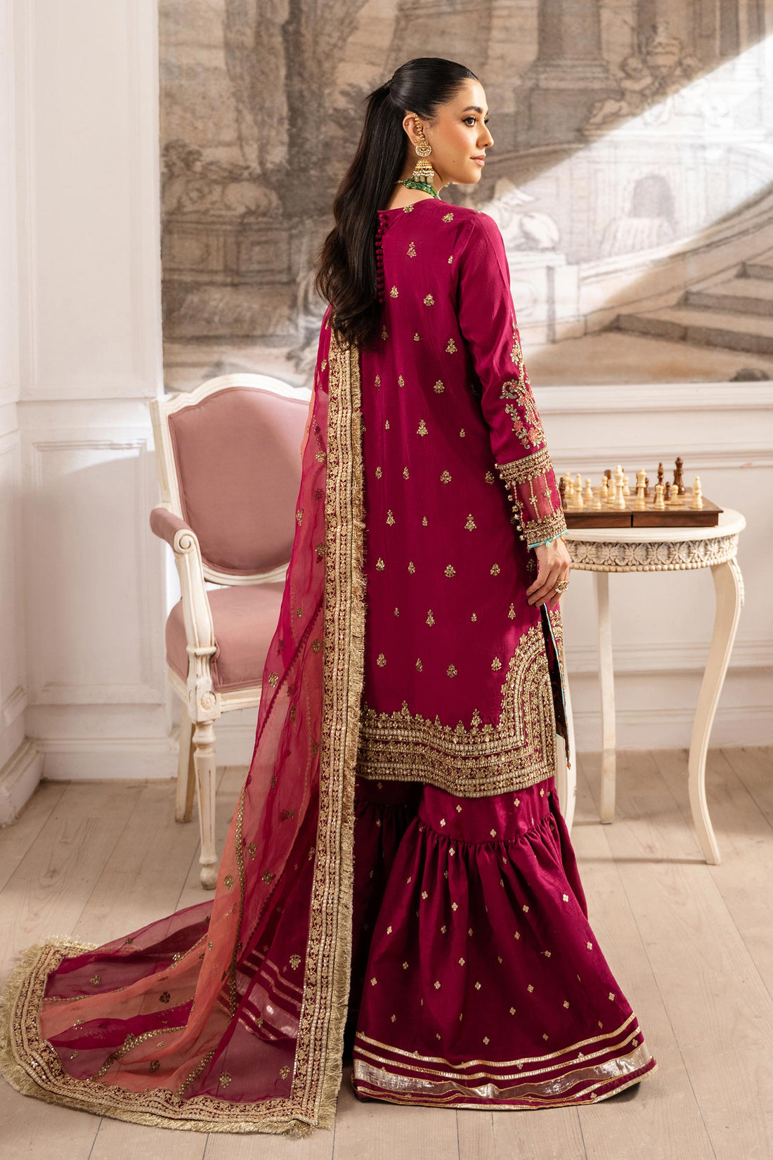 Maria B | Pre Fall Dresses | 3 Piece Embroidered Raw Silk Suit Redish Pink - by Libasekhas UK - Registered Vendor of : Maria B - 100% Original Designer Dress