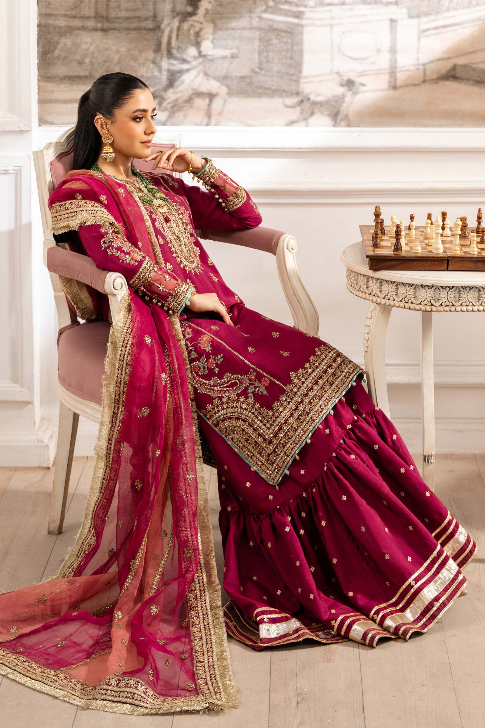 Maria B | Pre Fall Dresses | 3 Piece Embroidered Raw Silk Suit Redish Pink - by Libasekhas UK - Registered Vendor of : Maria B - 100% Original Designer Dress