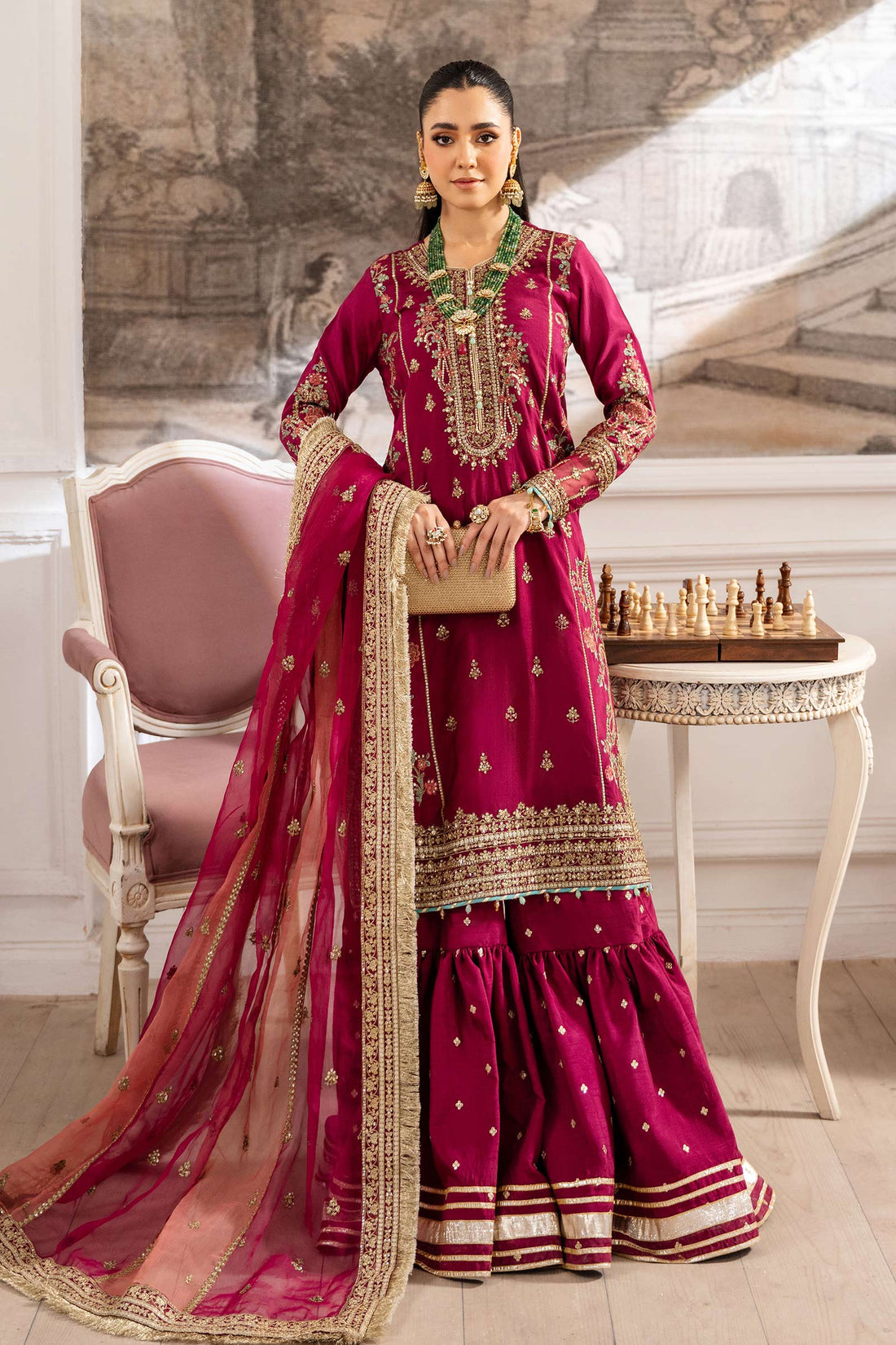 Maria B | Pre Fall Dresses | 3 Piece Embroidered Raw Silk Suit Redish Pink - by Libasekhas UK - Registered Vendor of : Maria B - 100% Original Designer Dress