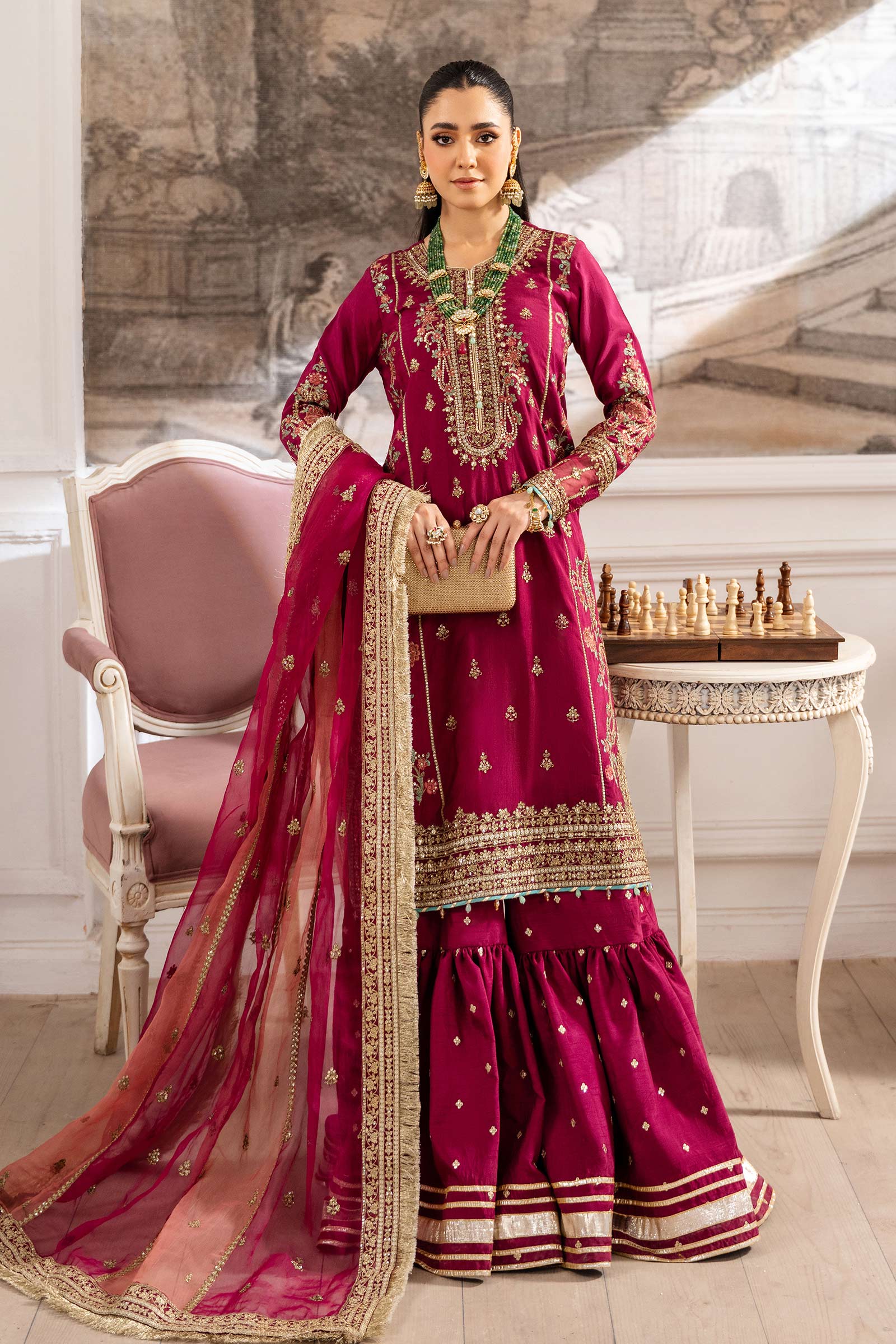 Maria B | Pre Fall Dresses | 3 Piece Embroidered Raw Silk Suit Redish Pink - by Libasekhas UK - Registered Vendor of : Maria B - 100% Original Designer Dress