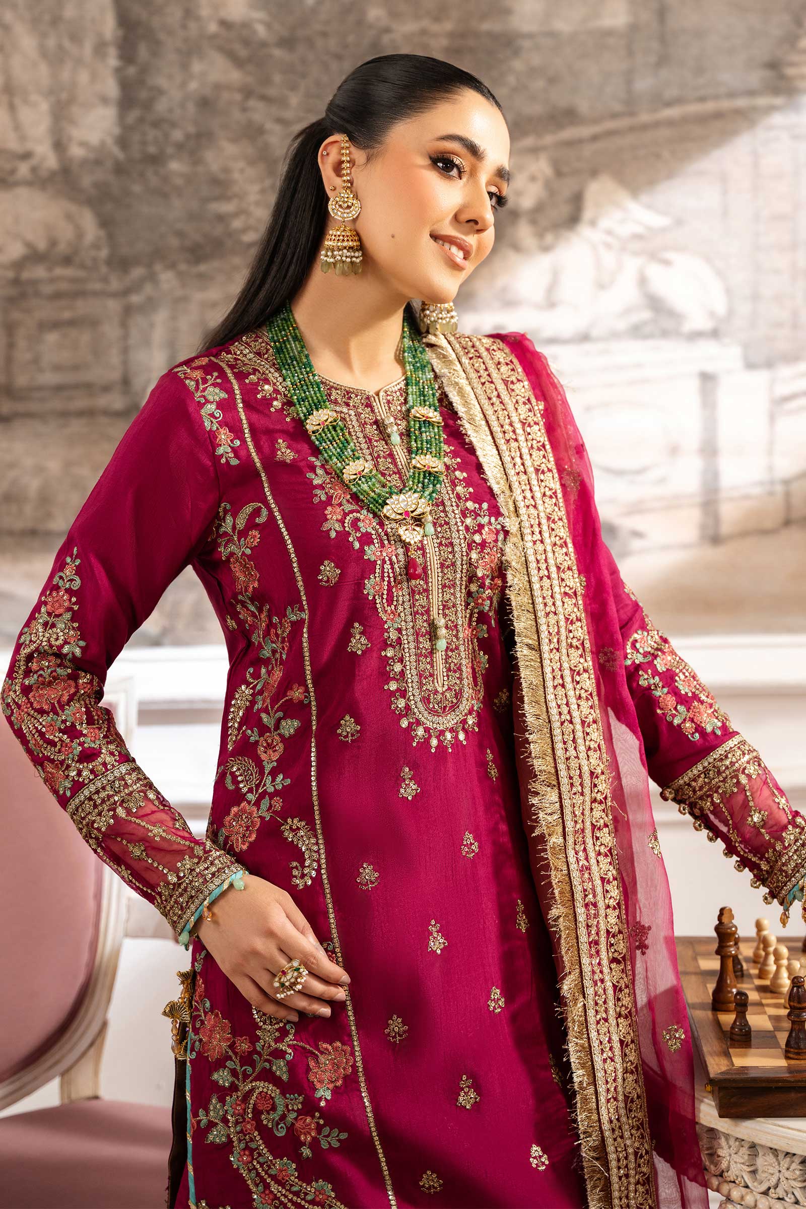 Maria B | Pre Fall Dresses | 3 Piece Embroidered Raw Silk Suit Redish Pink - by Libasekhas UK - Registered Vendor of : Maria B - 100% Original Designer Dress