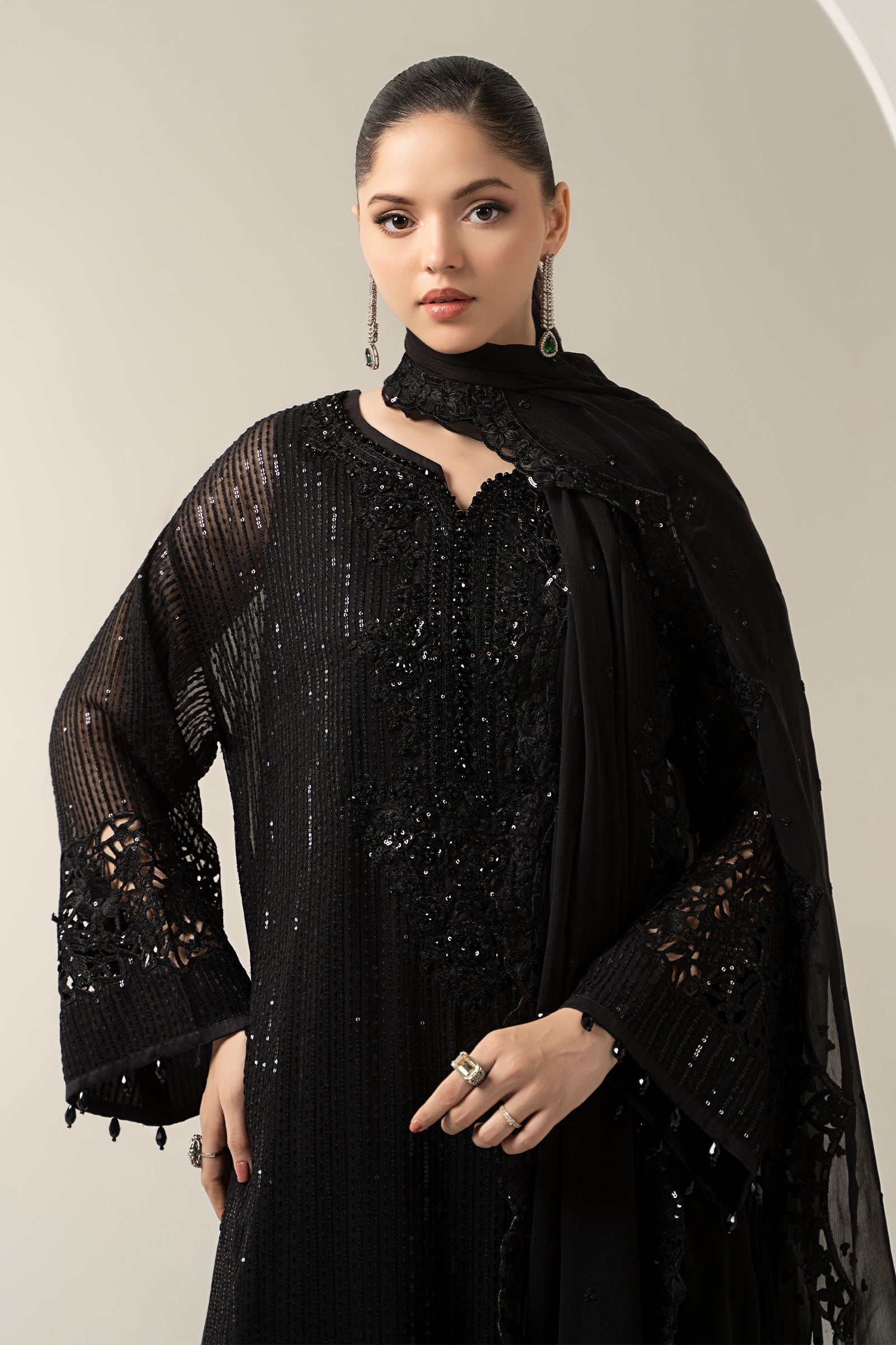 Maria B | Pre Fall Dresses | 3 Piece Embroidered Chiffon Suit Black - by Libasekhas UK - Registered Vendor of : Maria B - 100% Original Designer Dress