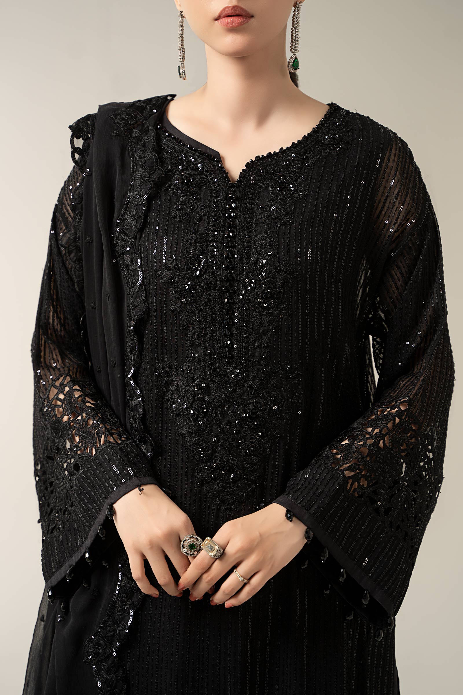 Maria B | Pre Fall Dresses | 3 Piece Embroidered Chiffon Suit Black - by Libasekhas UK - Registered Vendor of : Maria B - 100% Original Designer Dress